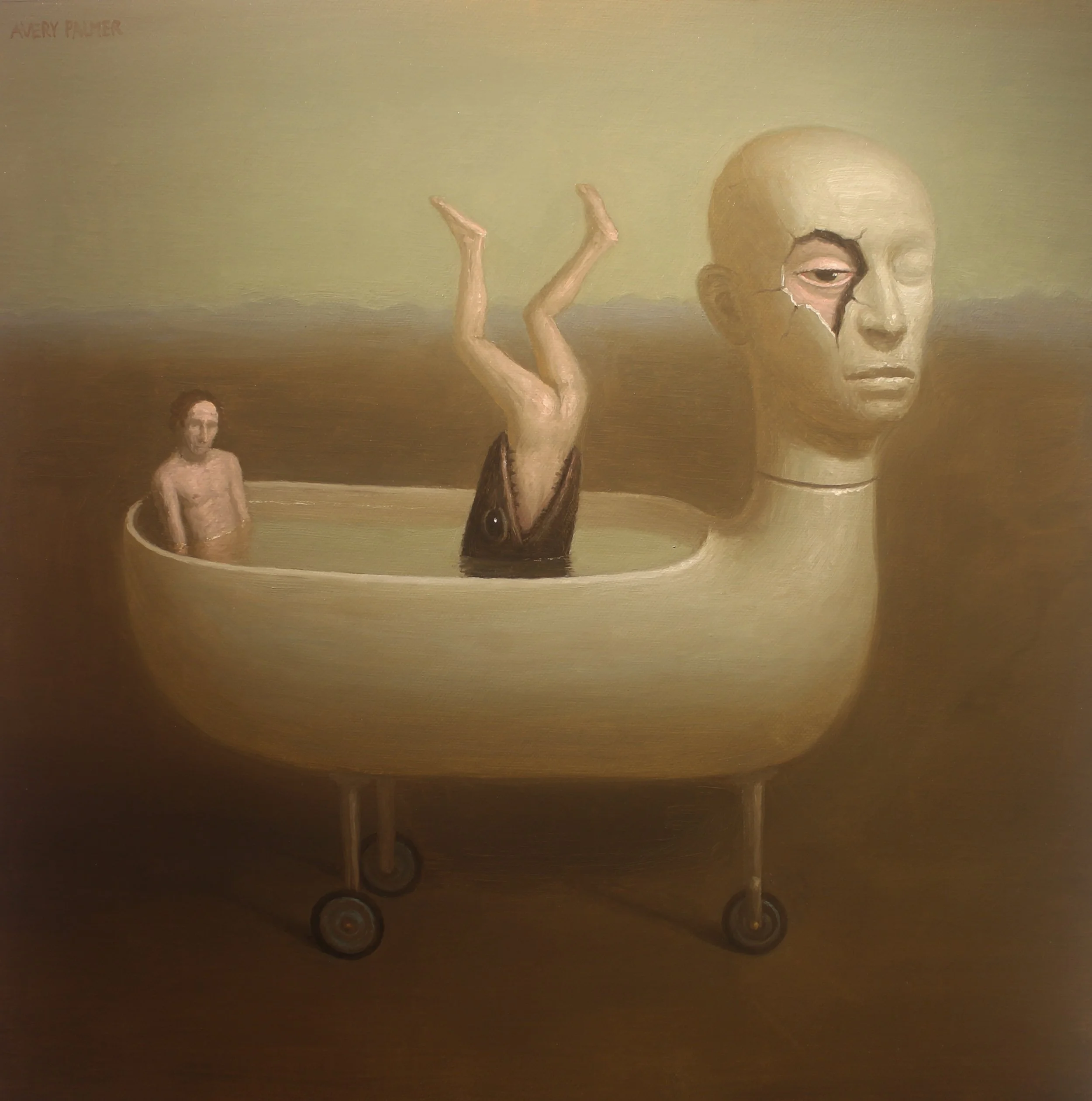 Avery Palmer, The Troubled Bath, 2025, oil on canvas, 16 x 16 in