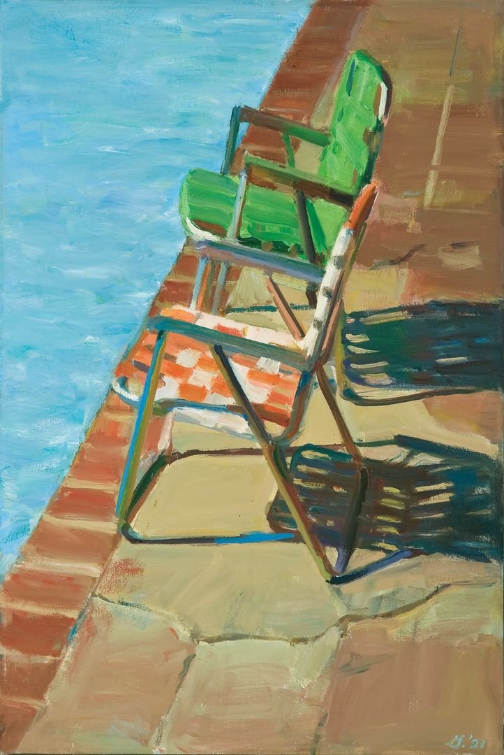 Boyd Gavin, Deck Chairs, 2021, oil on canvas, 34 x 22.5