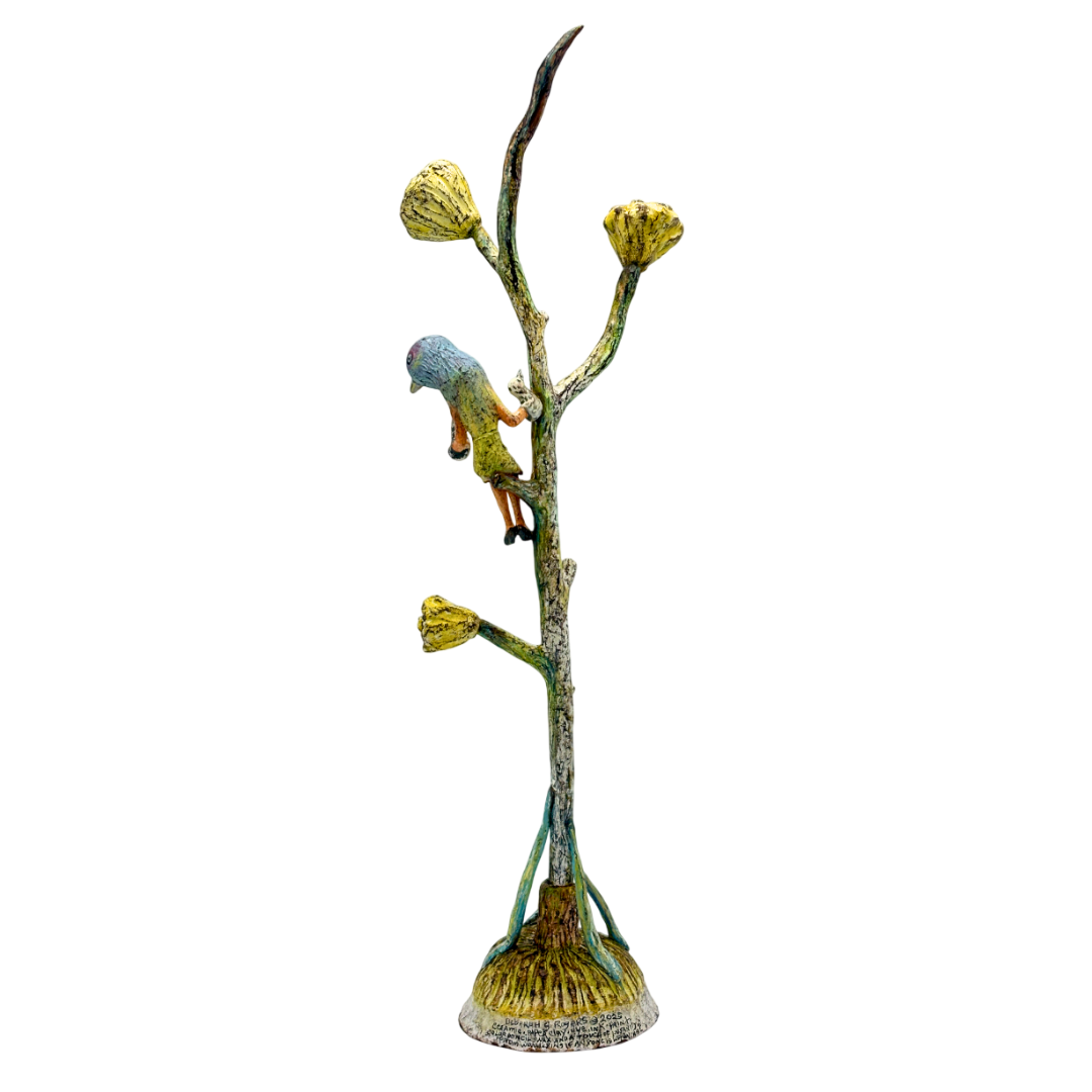Prophets in the Trees - SOS (back), 2025, ceramic with mixed media, 15.5 x 5 x 4 inches