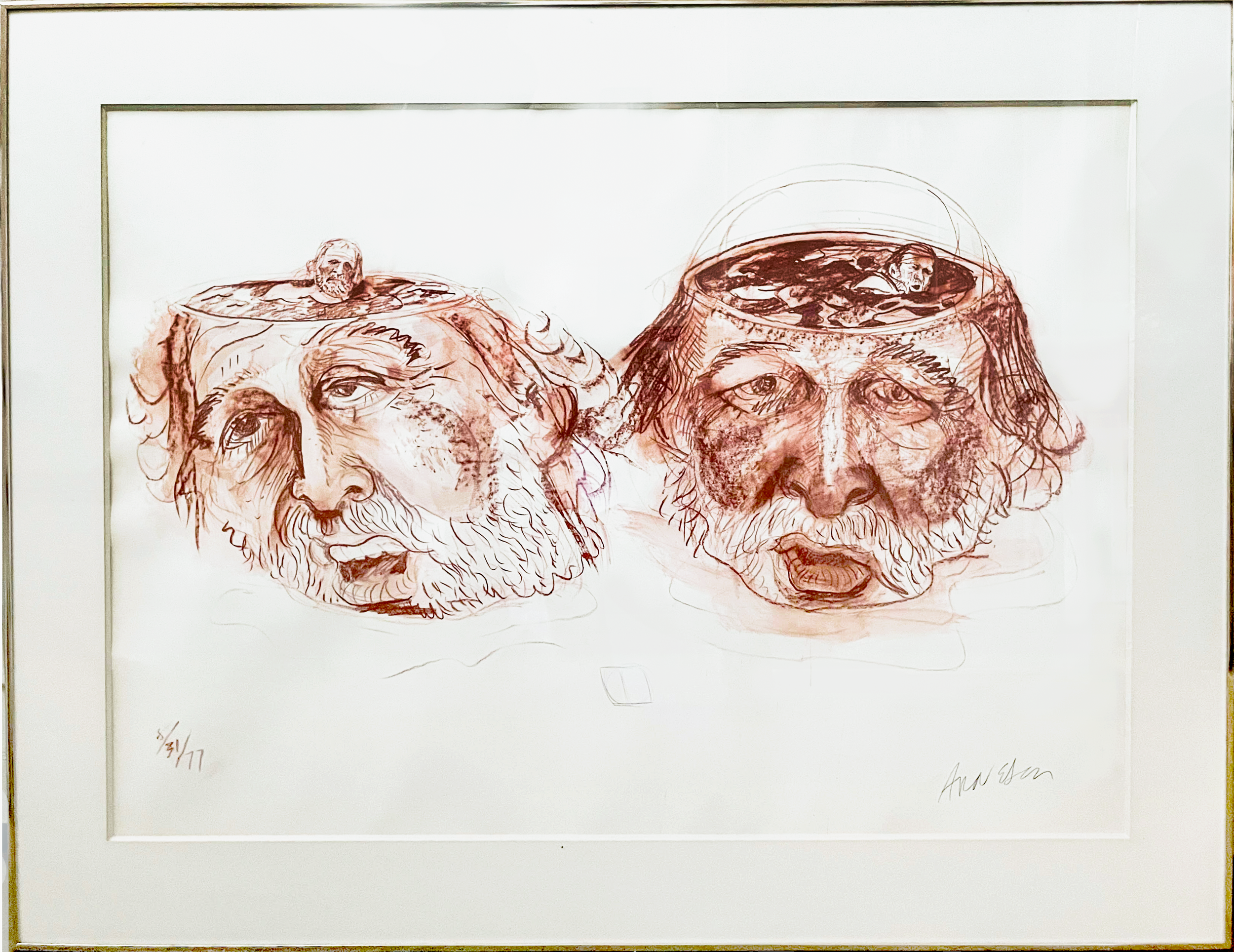 Robert Arneson, Double Head Bath, 1977, conte crayon on paper, 29.9 x 40 in