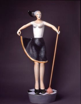 Patti Warashina, Servicing Duchamp's Porcelain, 1993, low-fire clay, underglaze, glaze, mixed media, 45 x 21 x 13 in