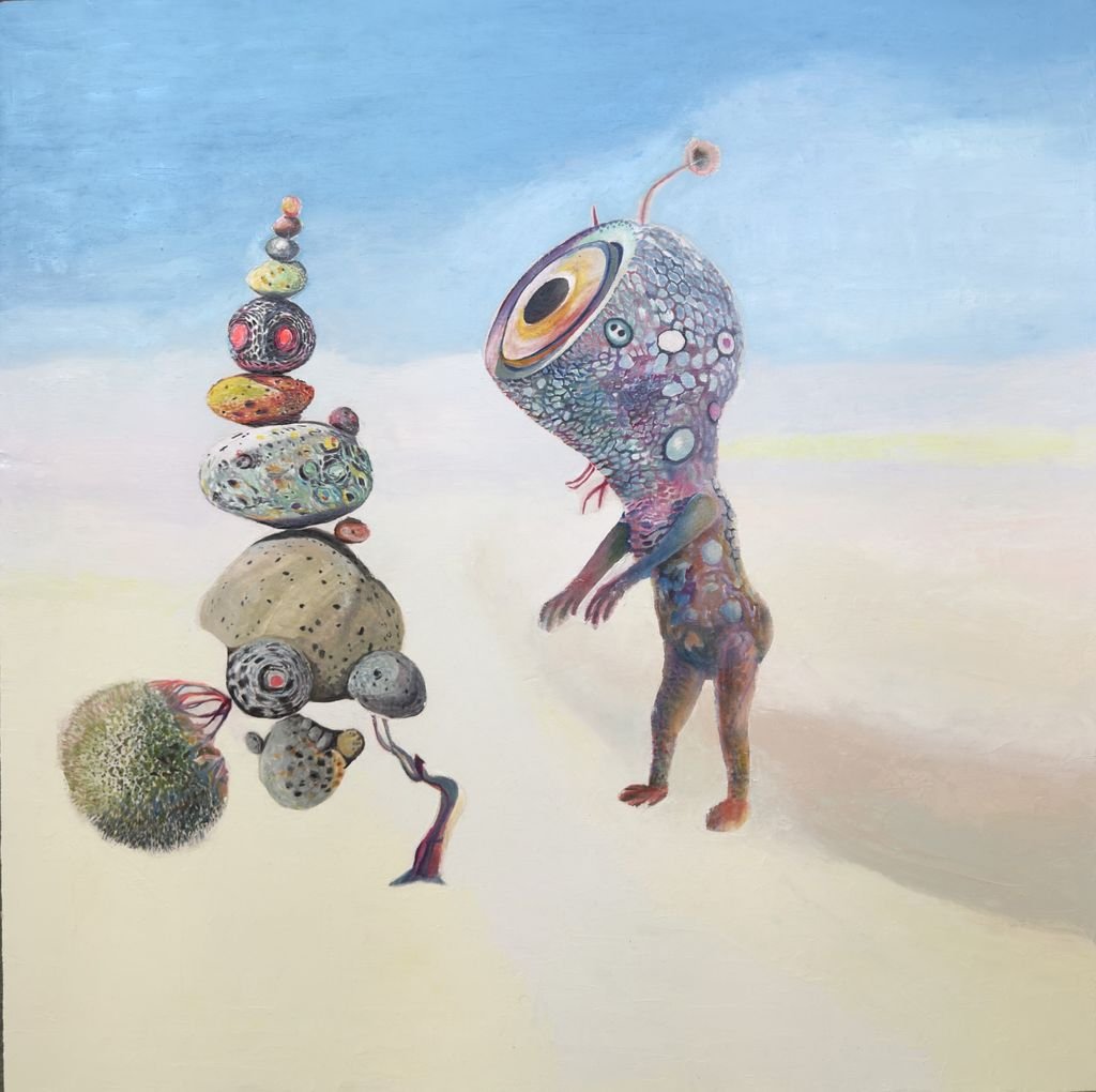 Seongmin Yoo, Floating Rocks, 2024, oil, ink, rice paper on board, 24 x 24 in