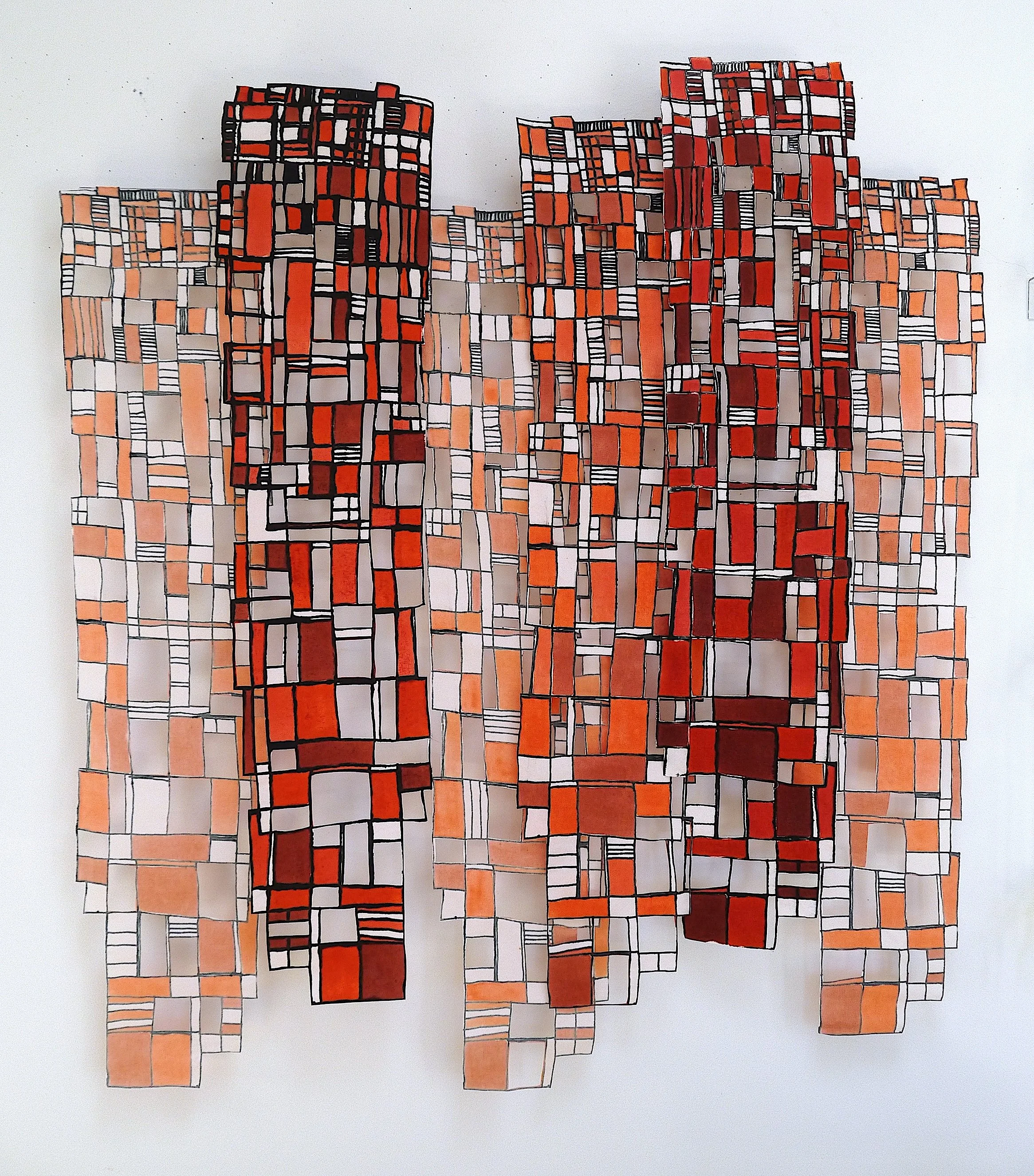 Rectangles & Stripes Vll, polychromatic screen printed silk, stiffened and cut, 6 panels, 45 x 40 in