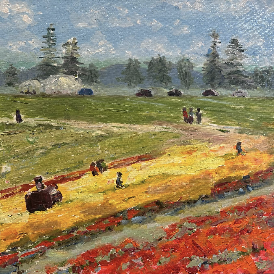 Magdalena Rozs-Johansson, Tulip Farm, 2026, Oil on canvas, 16 x 16 in