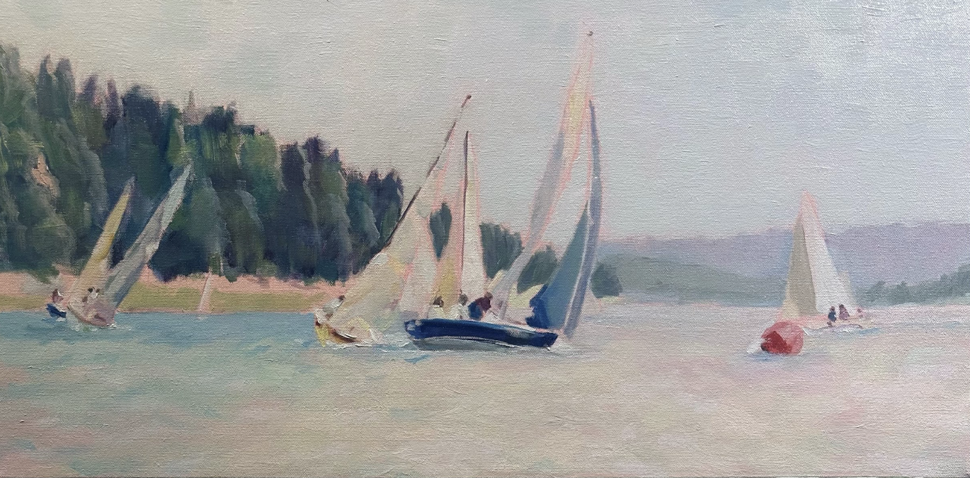 Magdalena Rozs-Johansson, The Race, 2026, Oil on canvas, 15 x 30 in