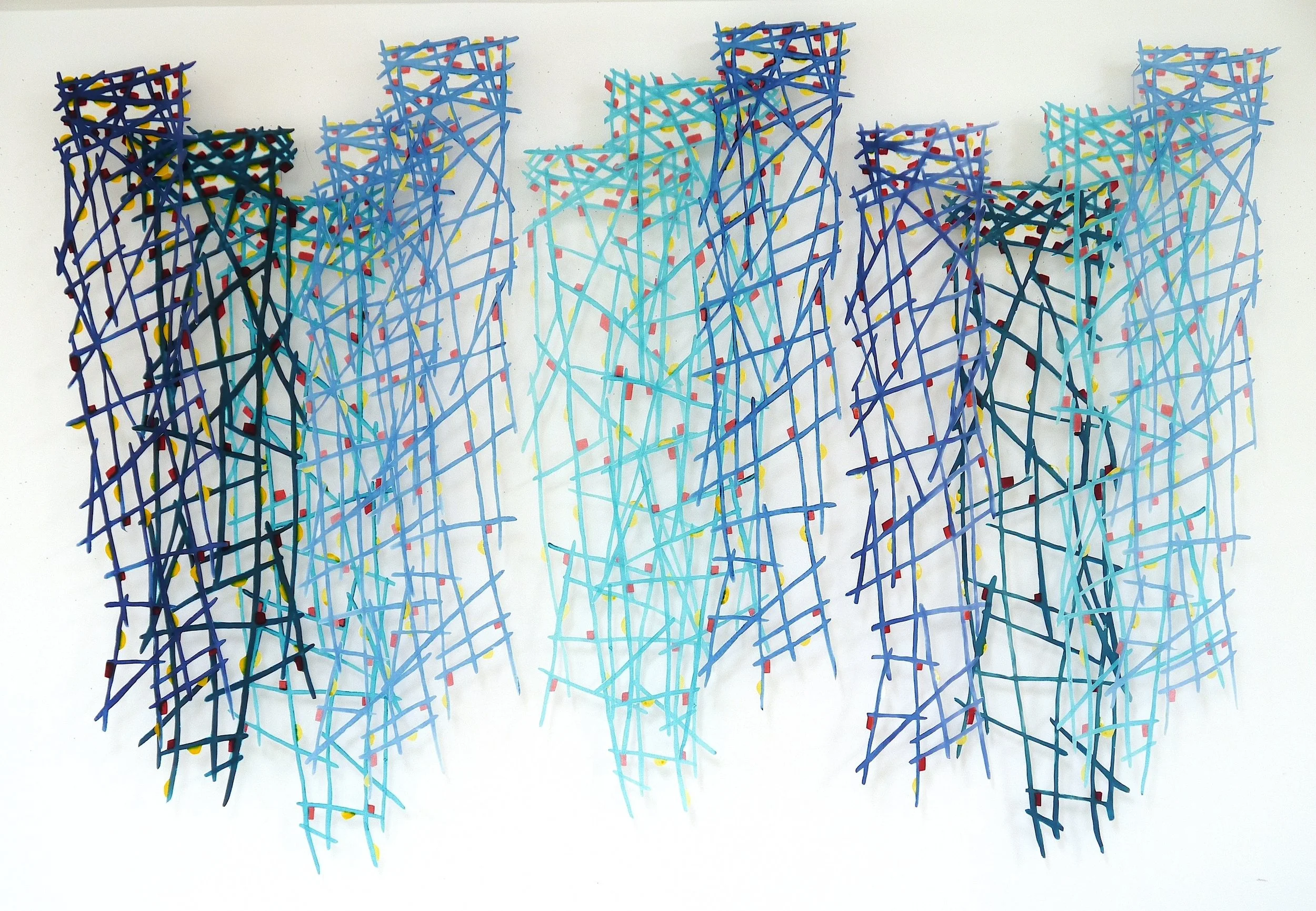 Sticks & Shapes ll, polychromatic screen printed silk, stiffened and cut, 12 panels, 47 x 67 in