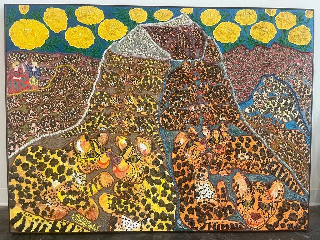 Maija Peeples-Bright, Margay Matterhorn with Marigolds and Marlin Minuetists, c. 1982, oil on canvas, 41 x 55 in