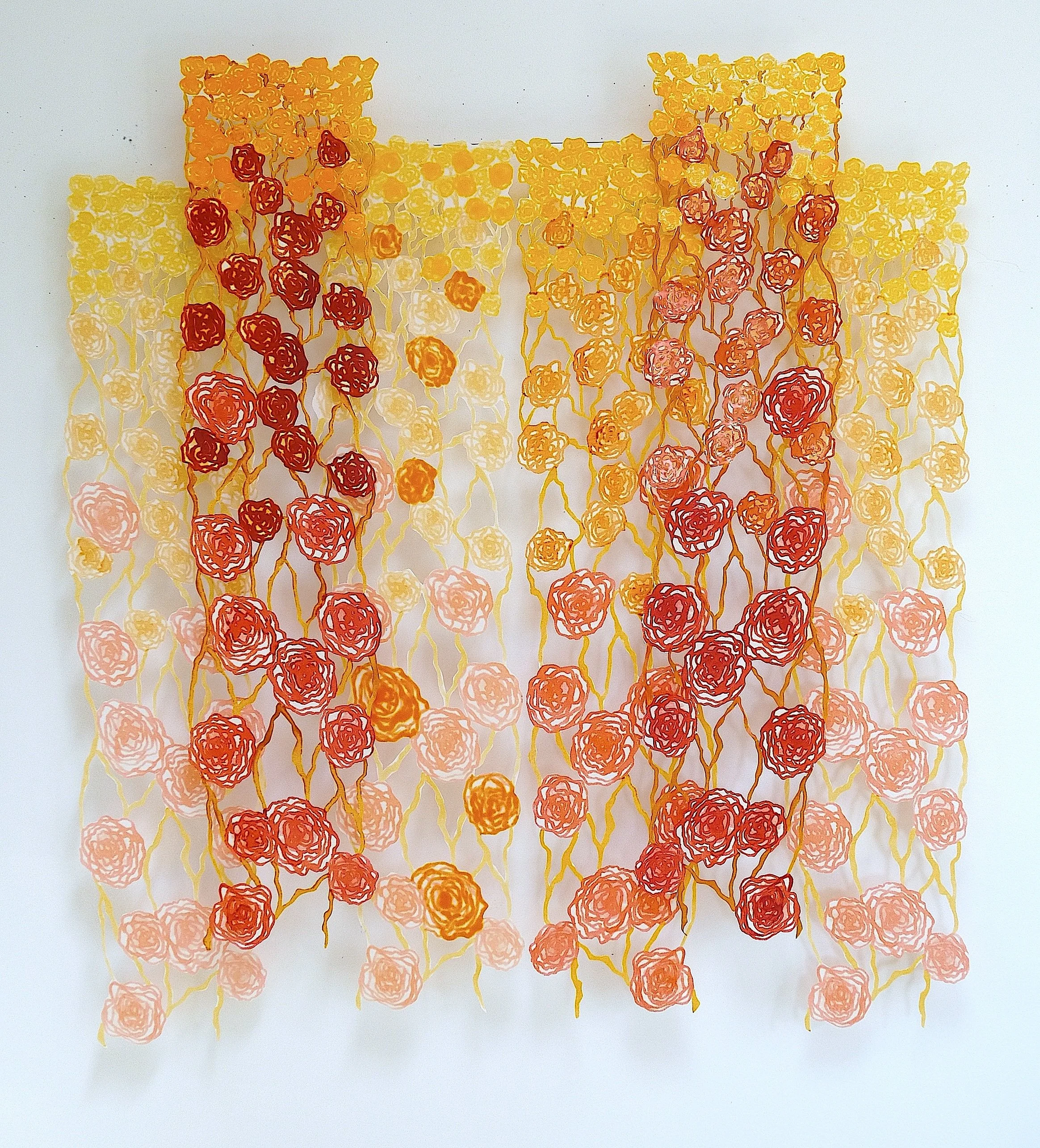 Ring Flowers ll, polychromatic screen printed silk, stiffened and cut, 6 panels, 44 x 41 in