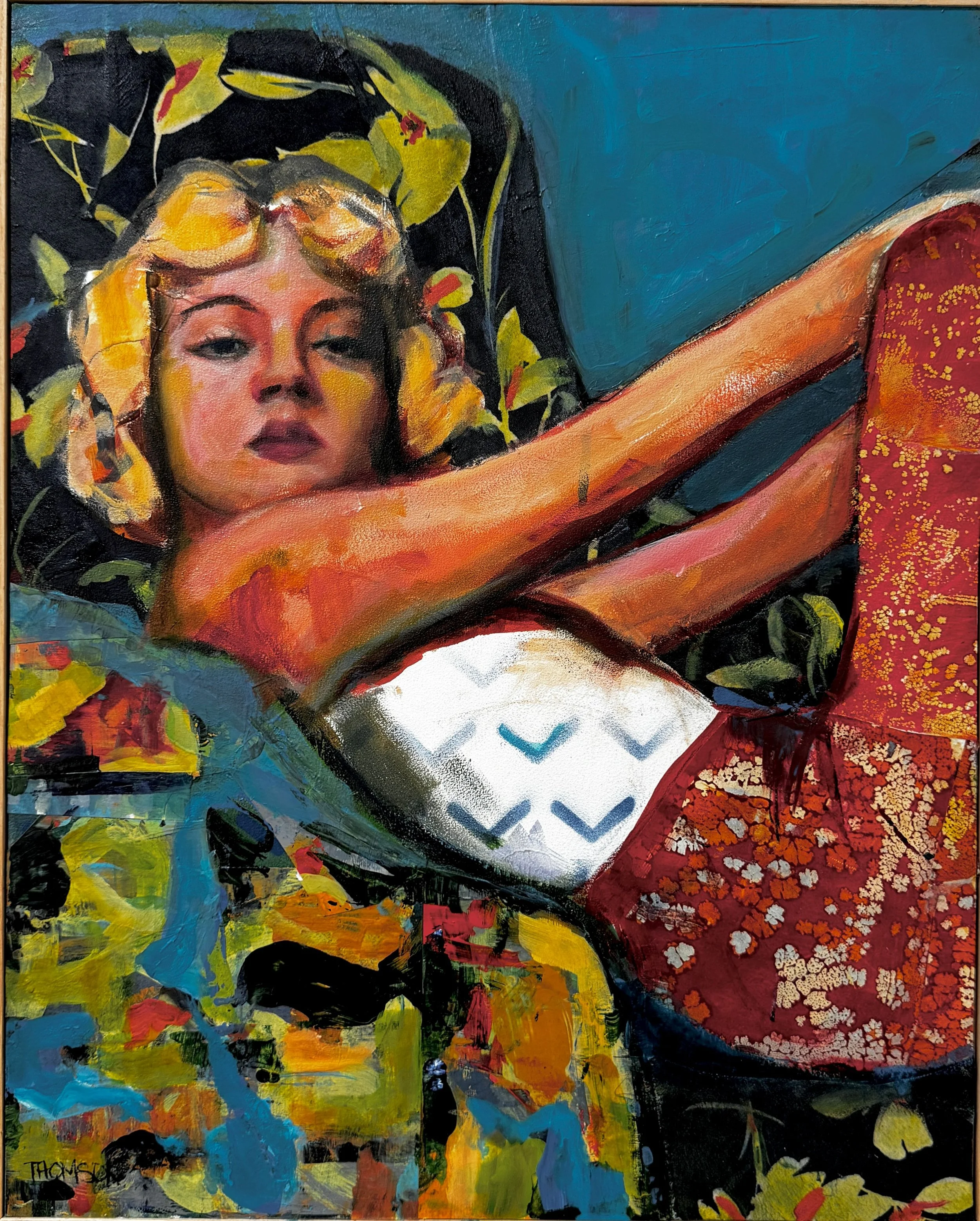 Kati Thomson, Red Pants Collage, 2024, Mixed media on panel, 20 x 16 in