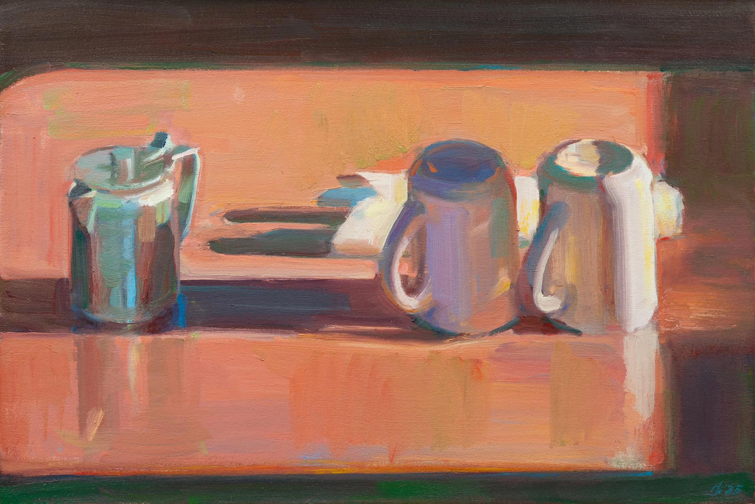 Boyd Gavin, Cups and Shadows, 2025, oil on canvas, 18 x 28 inches