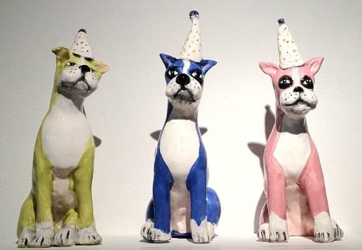 CINDY WILLIAMSON: Dog Party Green, Dog Part Blue, Dog Party Pink | clay | 2012