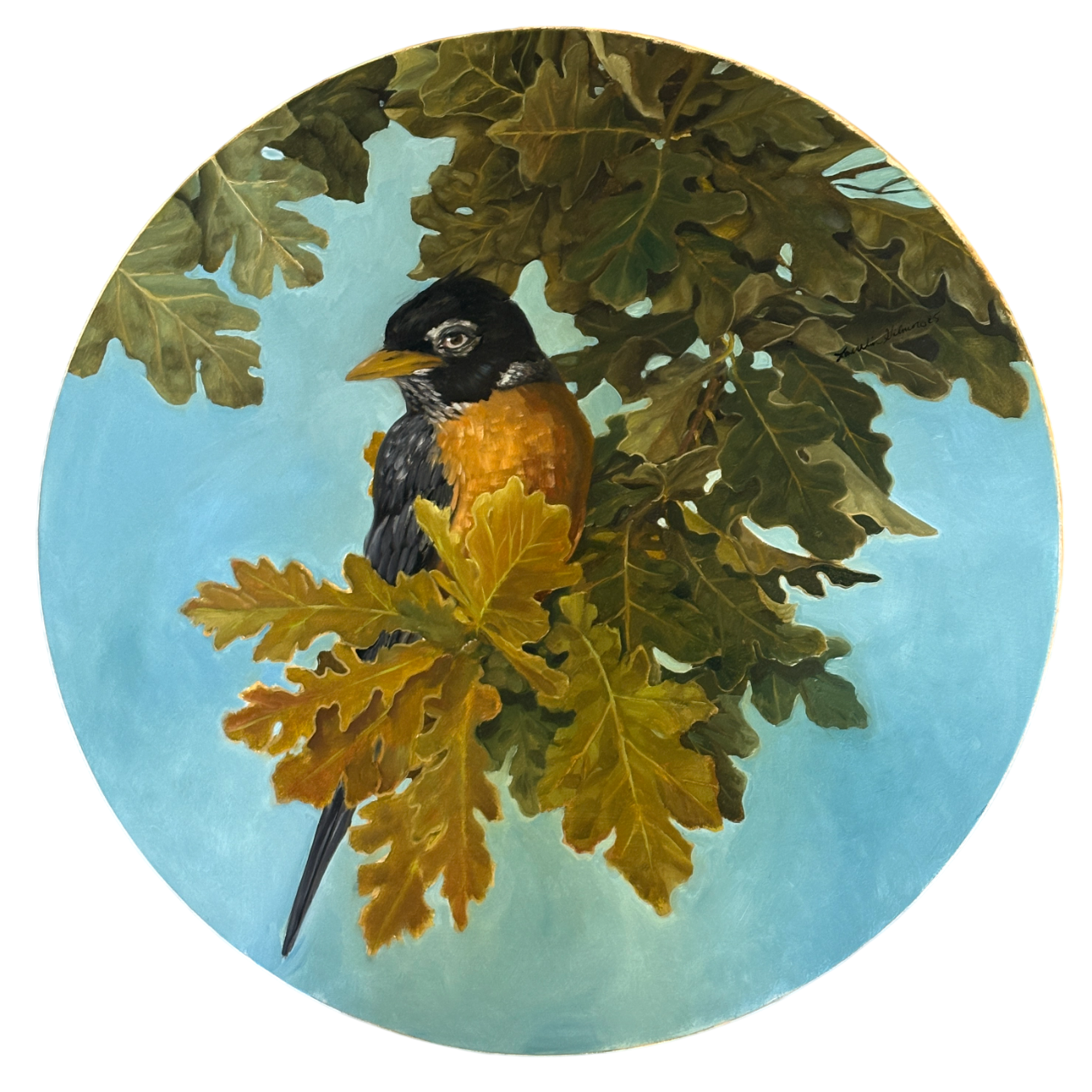 Laurelin Gilmore, Watching Robin, 2026, oil on wood, 24 in diameter