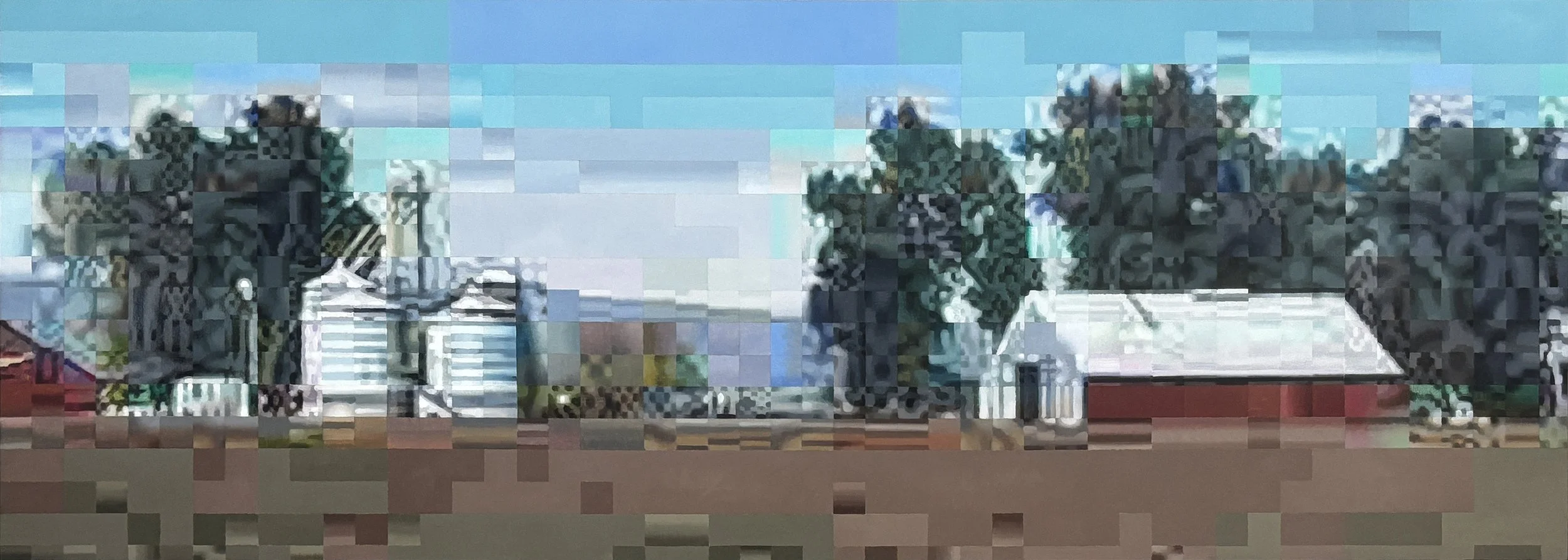 Adam Forfang, Woodland Farm, 2026, Oil on panel, 17.5 x 49 in