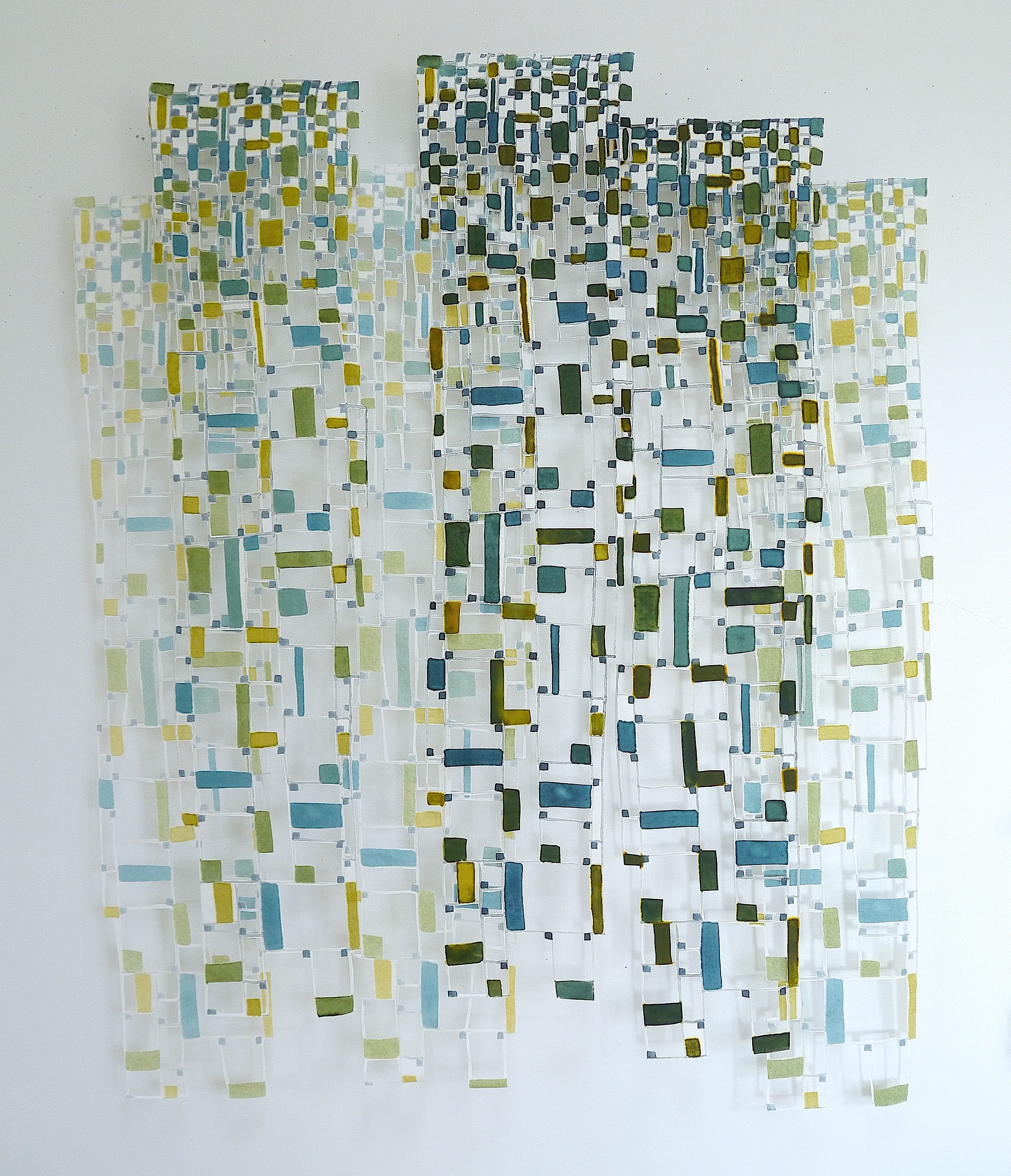 Squares in Net Xll, polychromatic screen printed silk, stiffened and cut, 6 panels, 46 x 36 in