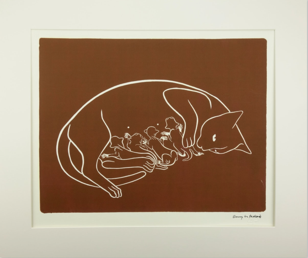 Emmy Lou Packard, My Sister's Cat with its Kittens, c. 1960, linoleum cut,
13.5" x 17.4"