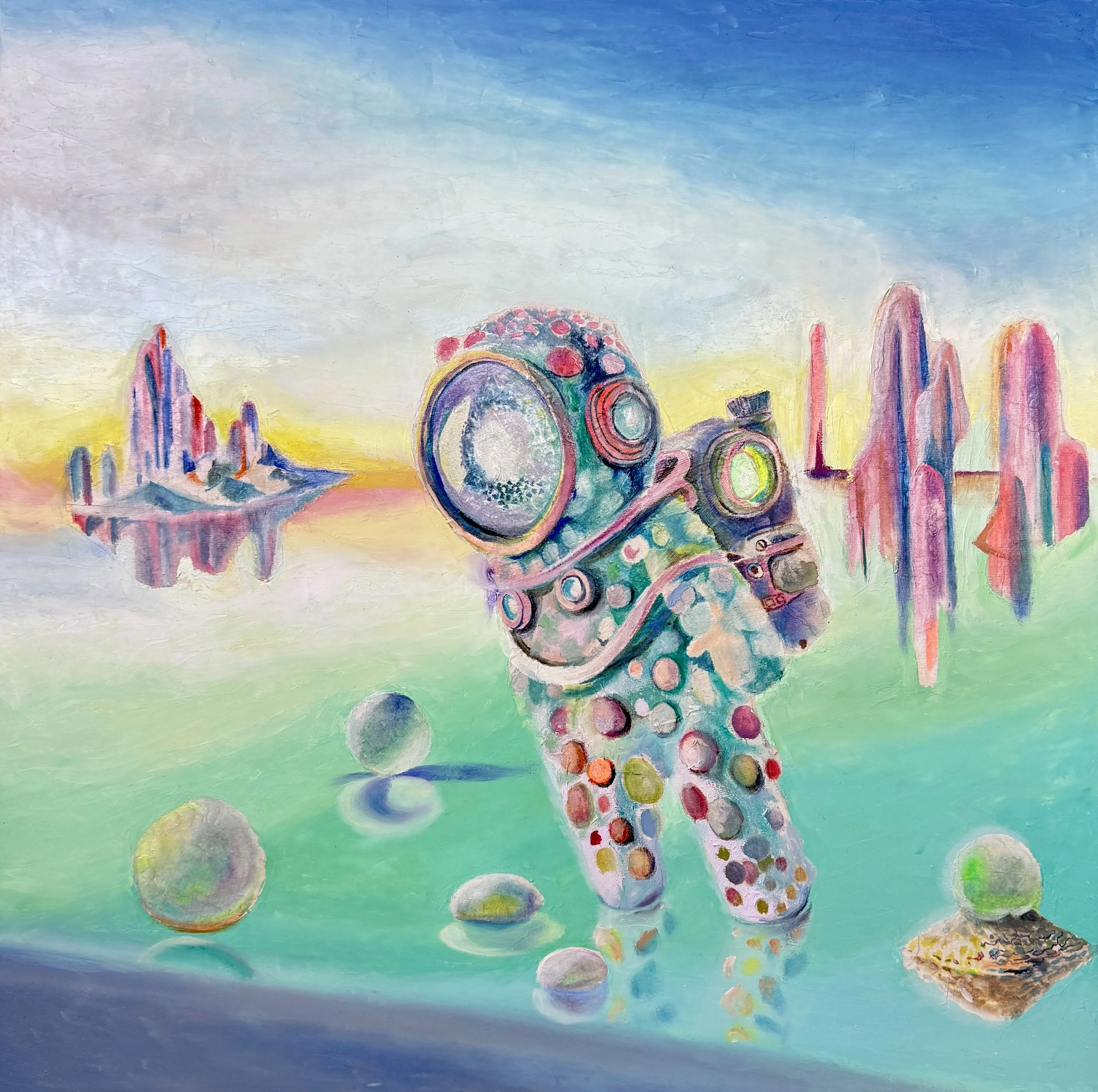 Seongmin Yoo, Harvesting Helium 3, 2026, oil ink rice paper on board, 18 x 18 in