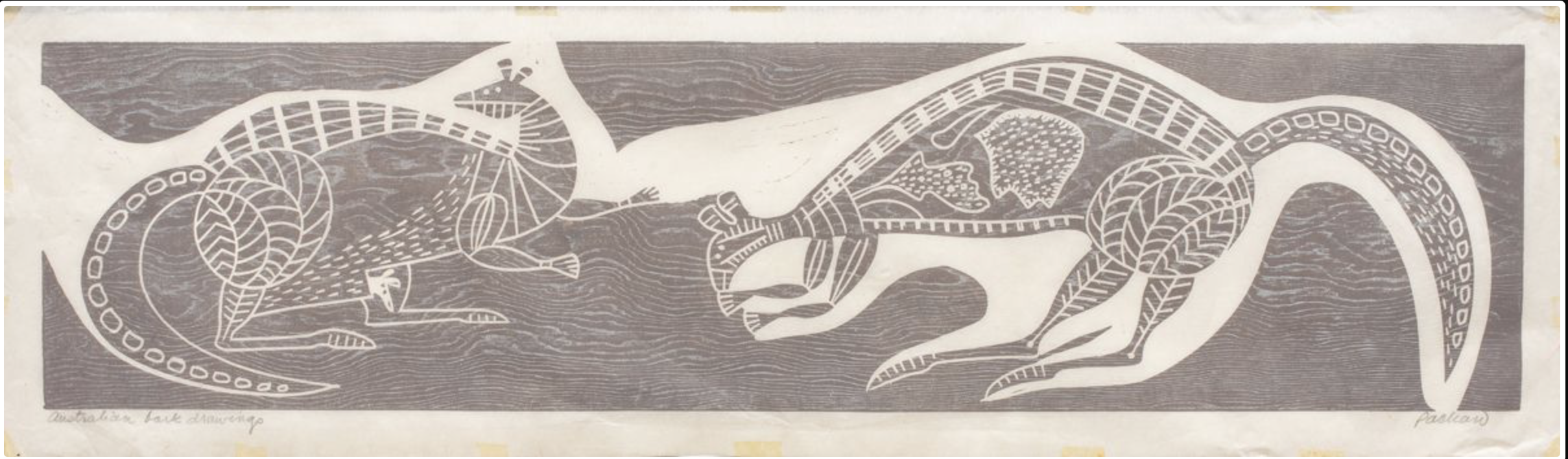 Emmy Lou Packard, Australian Bark Drawing, c. 1940s, Woodblock, 9 x 35.75 in
