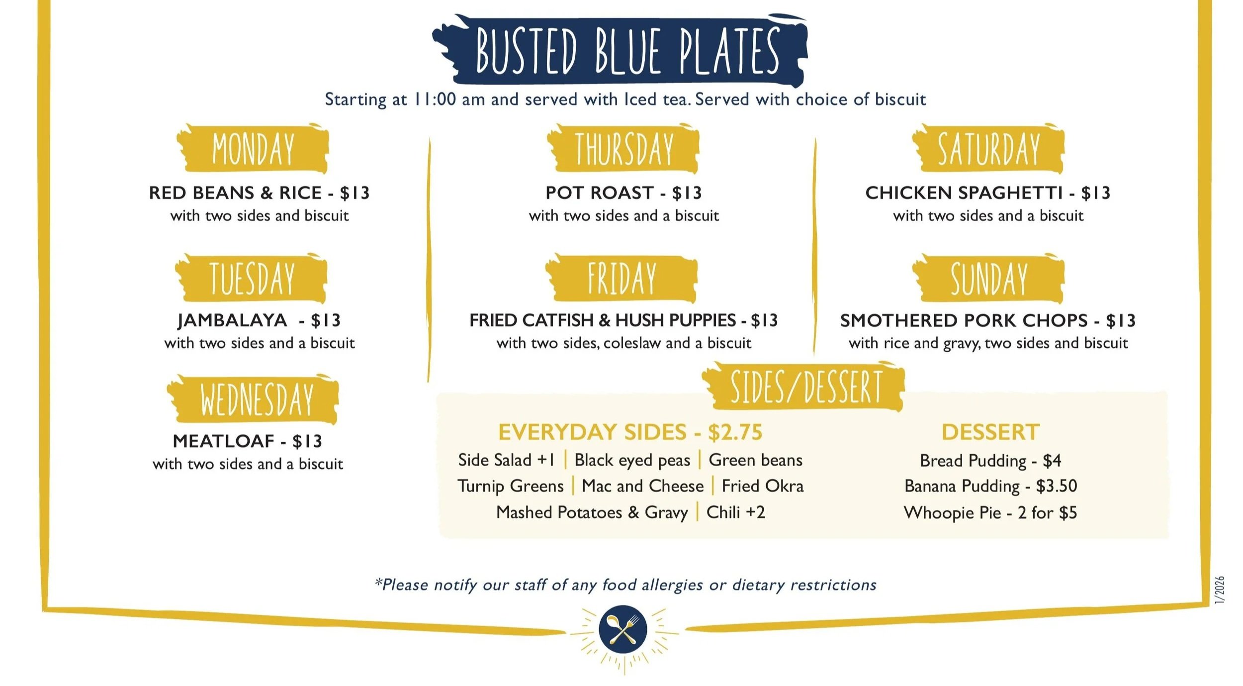 Classic blue plate lunch served at The Busted Biscuit in Raymond, MS featuring Southern comfort food and homemade sides