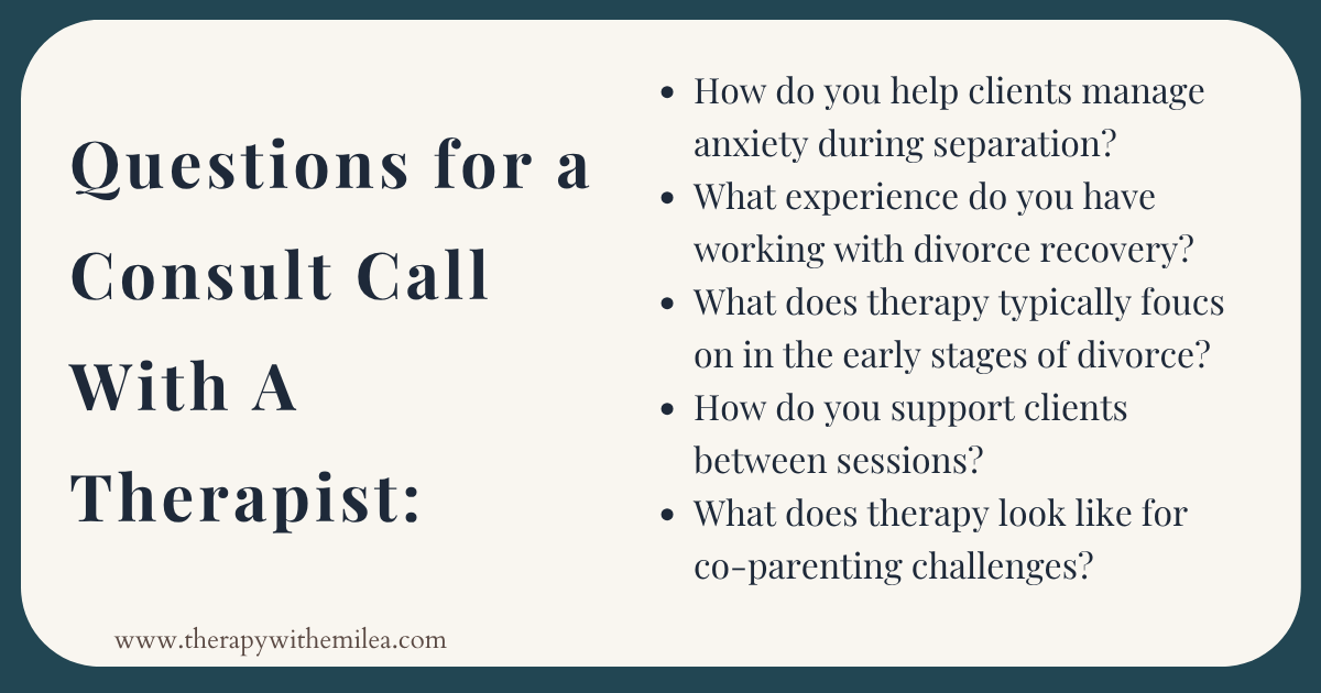 An infographic with the following text "Questions for a consult call with a therapist" and a list of 5 good common questions anxious women in SC can ask a therapist during a free consultation call.