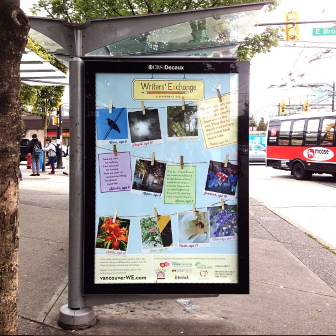 The kids’ writing about their neighbourhoods, displayed on bus shelters in their neighbourhoods, designed by Mauve Pagé