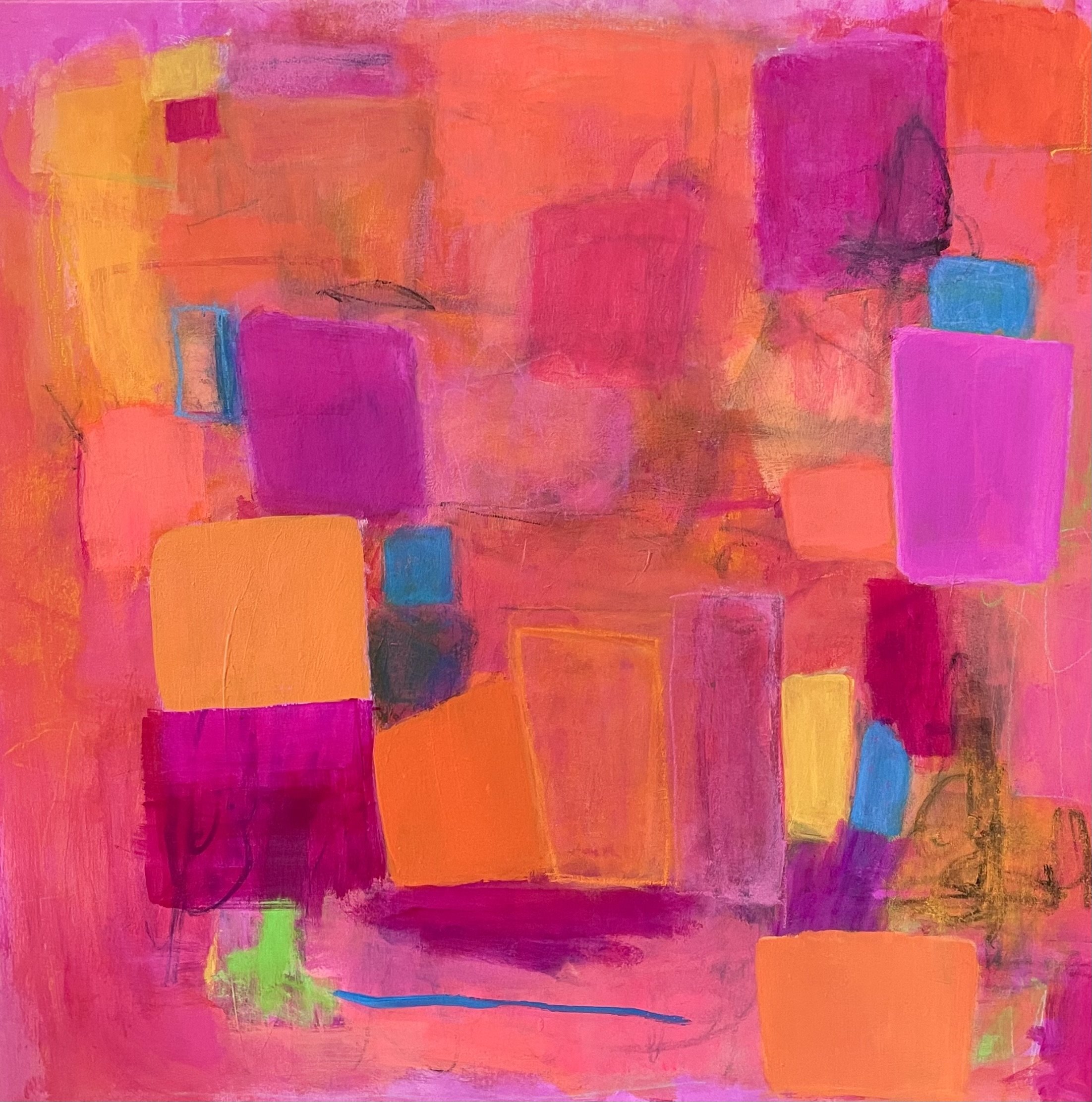 August Peach, 34" x 34", acrylic and soft pastel on canvas