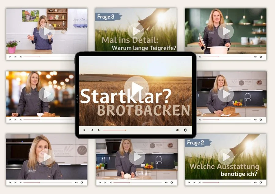 Bildcollage mit mehreren Video-Thumbnails und einer Frau, die über Brotbacken spricht. Zentrales Bild zeigt "Startklar? Brotbacken" mit einem Weizenfeld im Hintergrund.