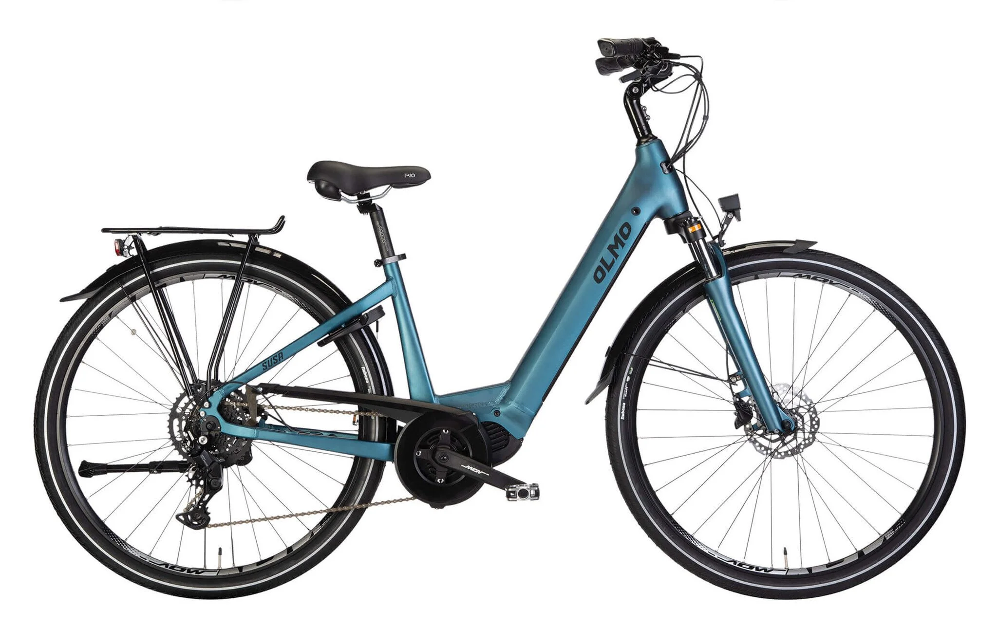 Blue electric bicycle with black saddle, black handlebars, and black tires, isolated on a white background.