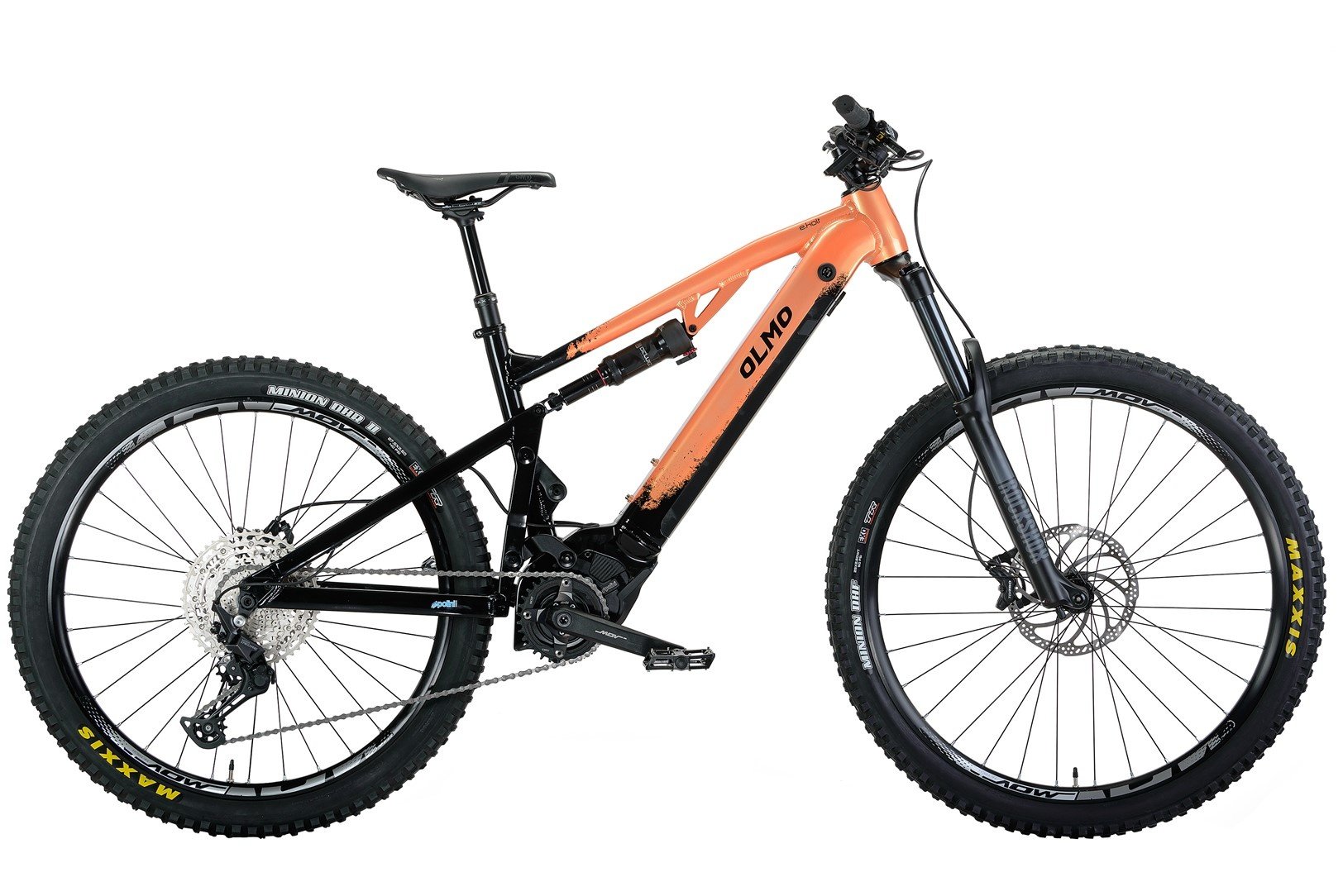 Orange and black electric mountain bike with front suspension, two large tires, disc brakes, and a sleek frame design.