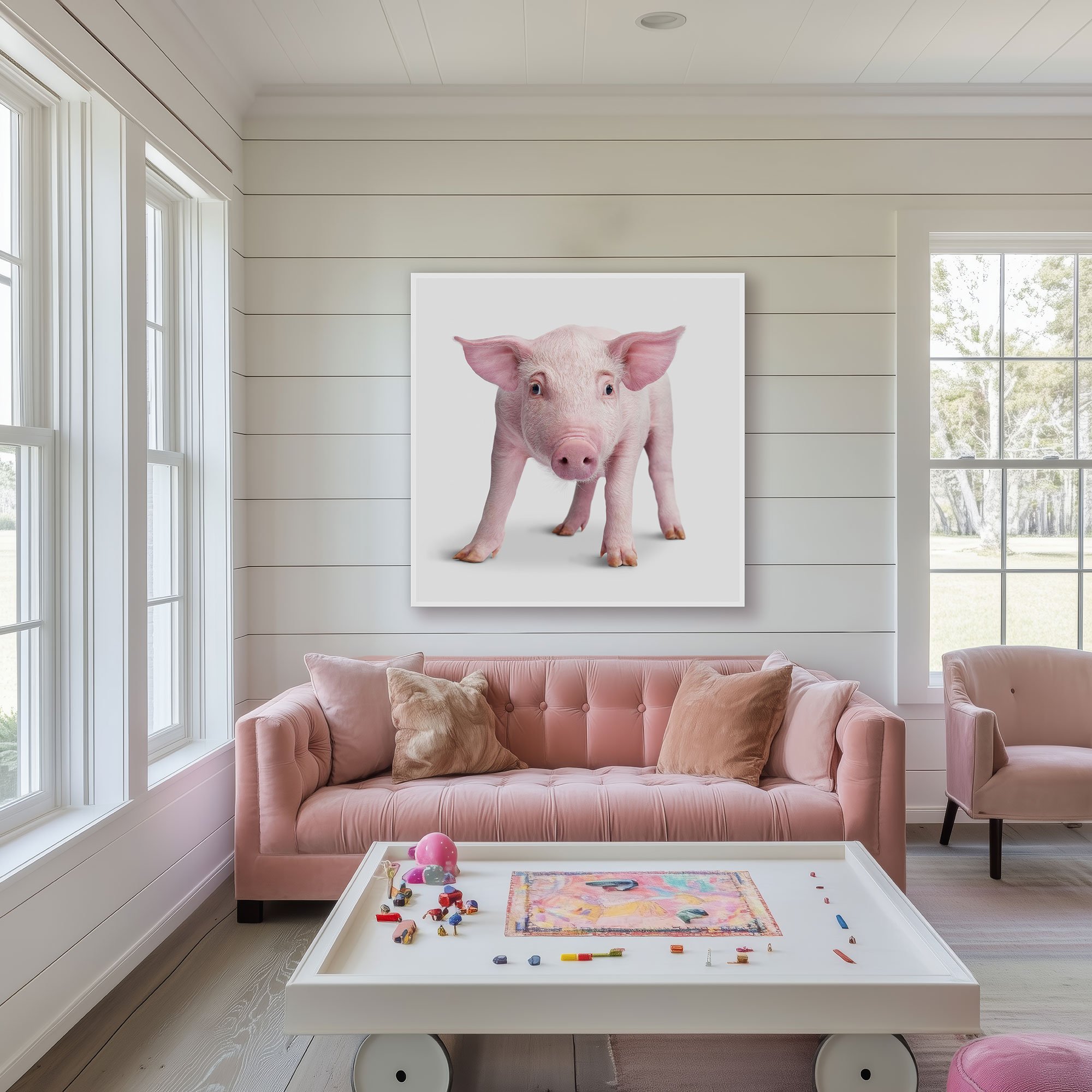Pink Piglet portrait by Randal Ford displayed above a pink sofa in a bright kids game room