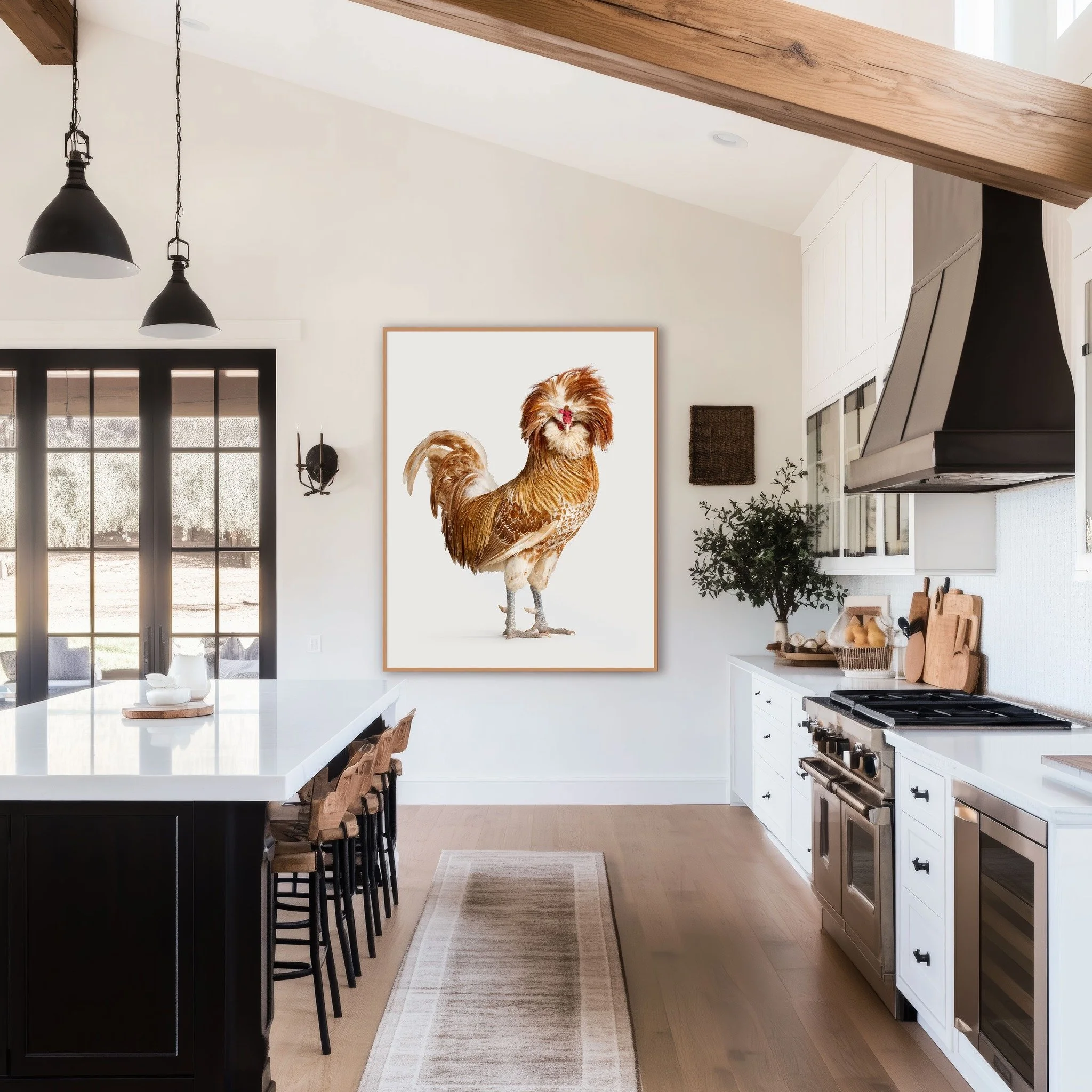 Buff Laced Polish Rooster No. 1 portrait by Randal Ford displayed in a bright kitchen