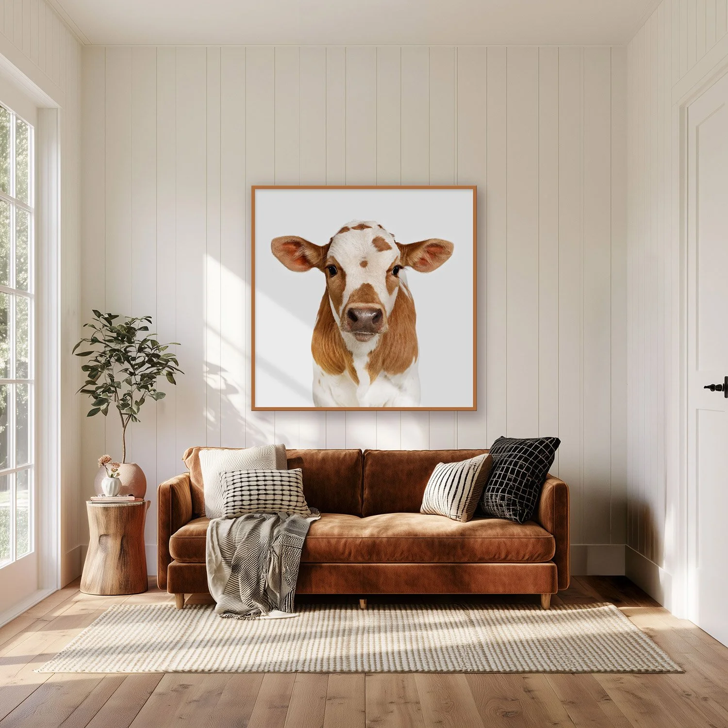 Texas Longhorn Calf portrait by Randal Ford displayed above a brown sofa in a bright living room