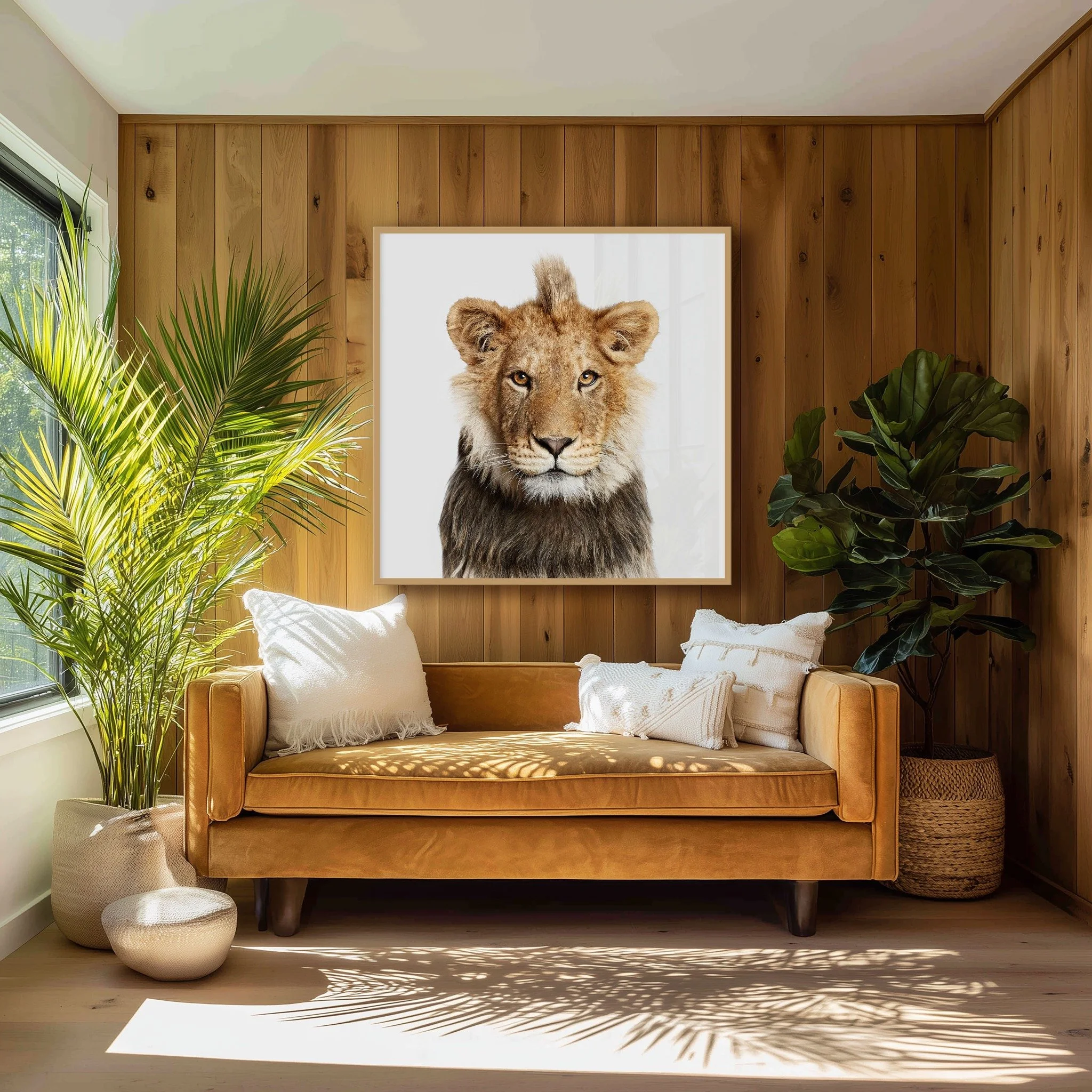 Young Lion portrait by Randal Ford displayed above a bench in a wood paneled family play room