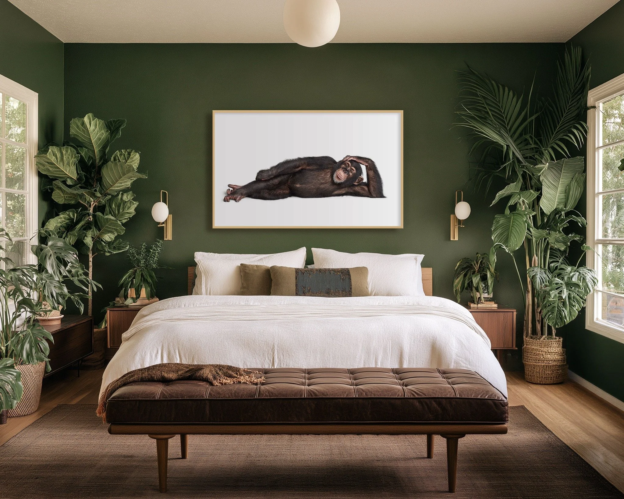 Reclining chimpanzee portrait by Randal Ford displayed above a bed against a dark green wall