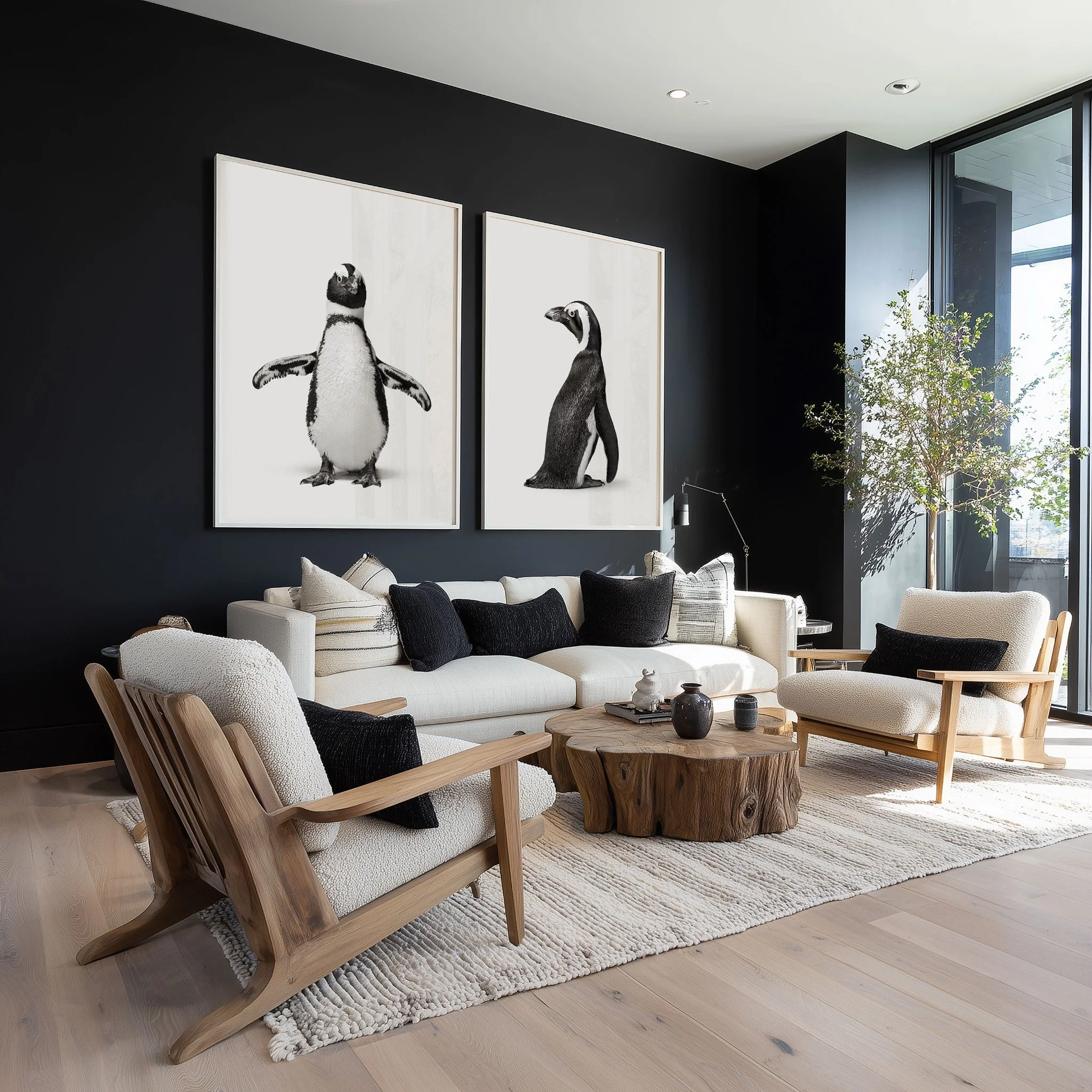 Penguin No. 1 and Penguin No. 2 portraits by Randal Ford displayed together above a sofa in a family room
