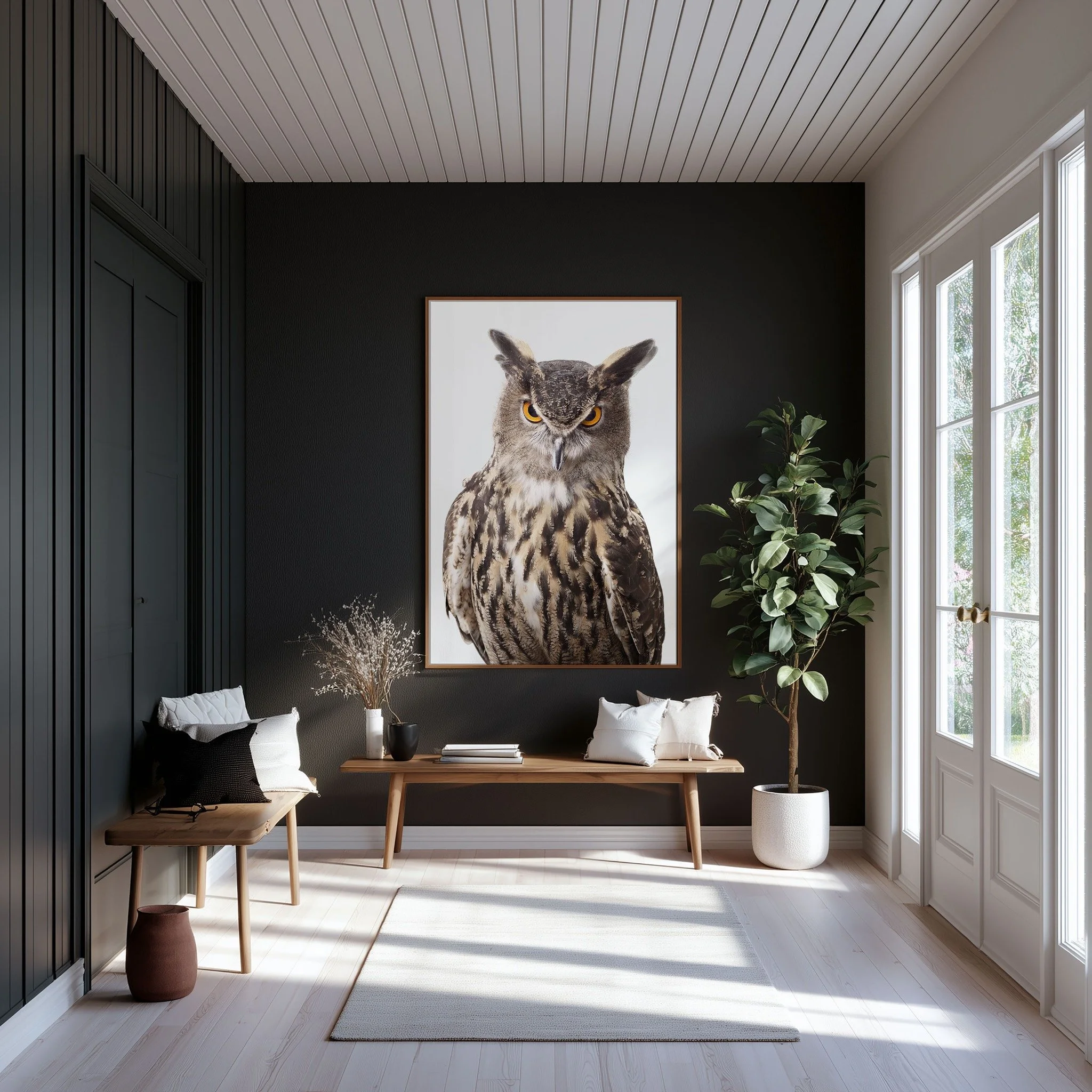 Great Horned Owl portrait by Randal Ford displayed on a dark wall in a bright entryway