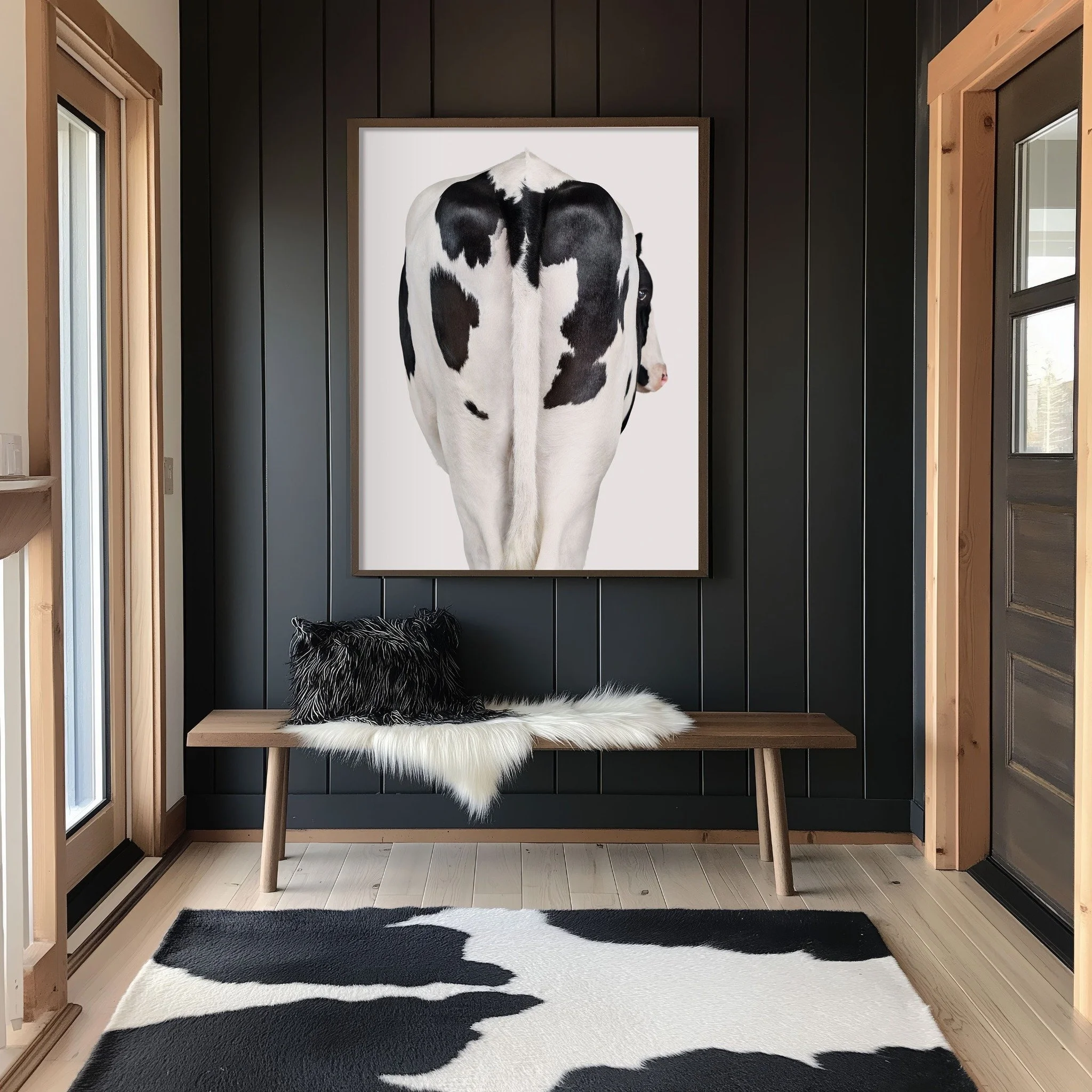 Holstein Cow No. 5 portrait by Randal Ford displayed above a foyer bench on a dark wall