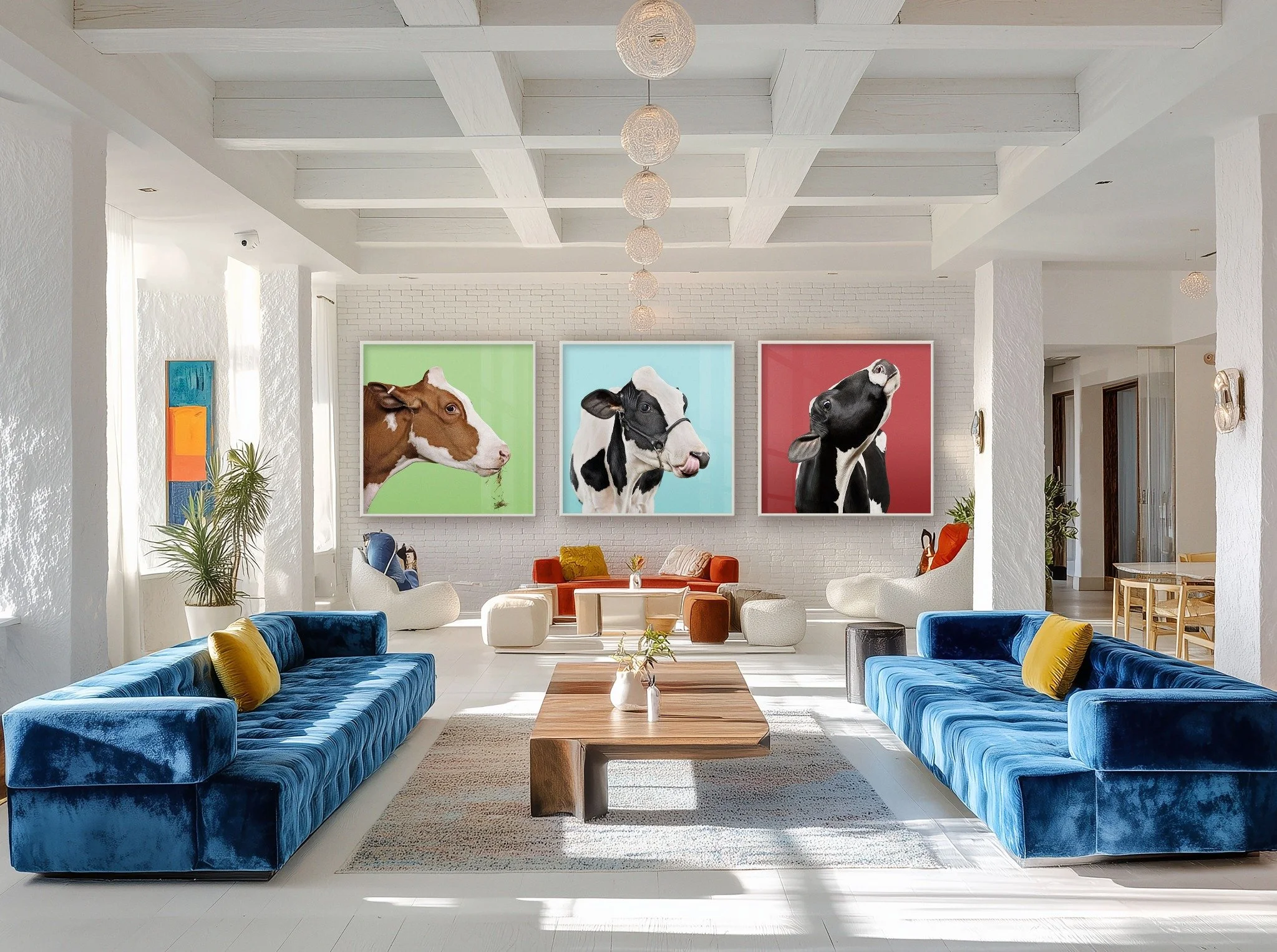 Cow on Green portrait by Randal Ford displayed with Cow on Blue and Cow on Red in a bright hotel lobby