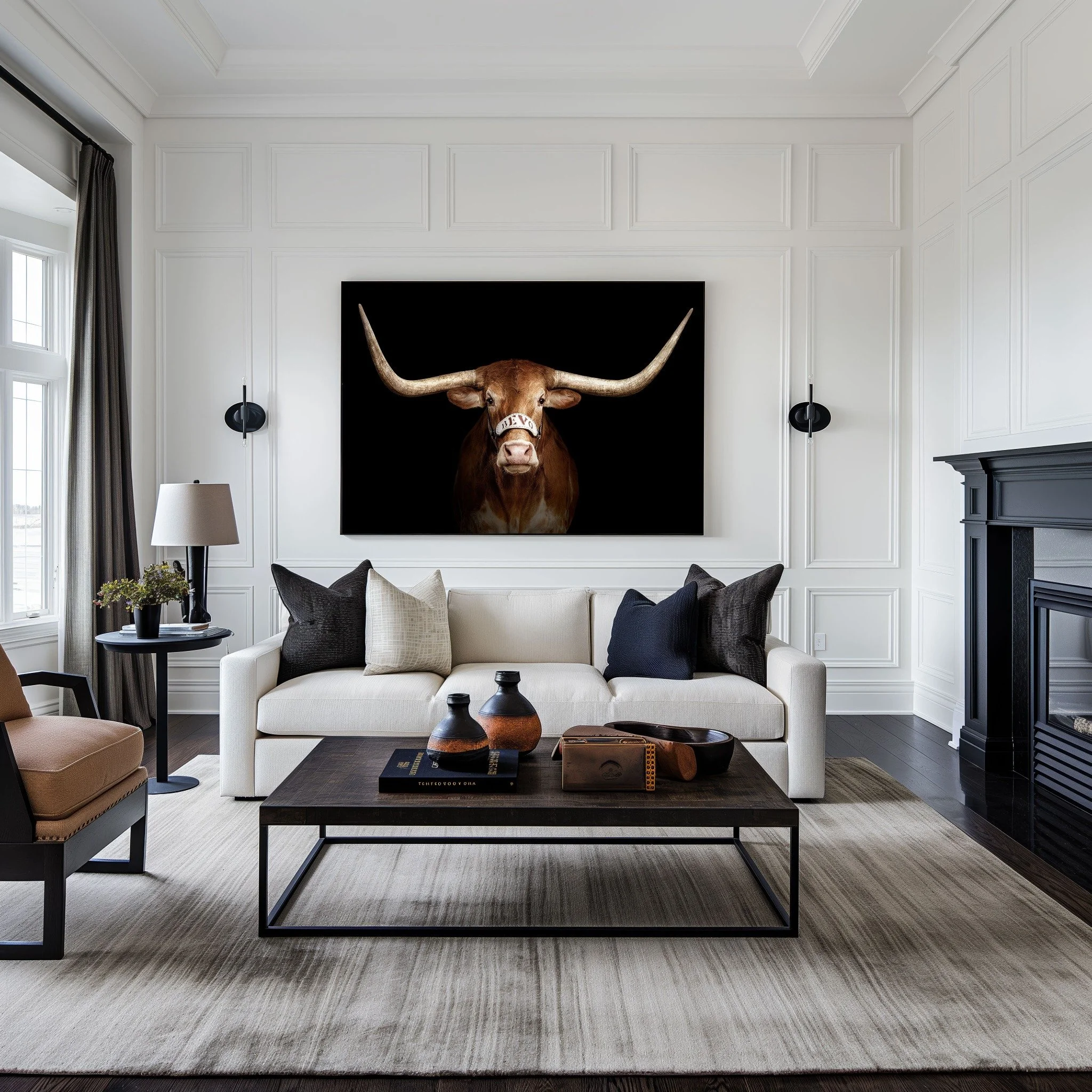Bevo XV on Black portrait by Randal Ford displayed above a sofa in a white paneled living room
