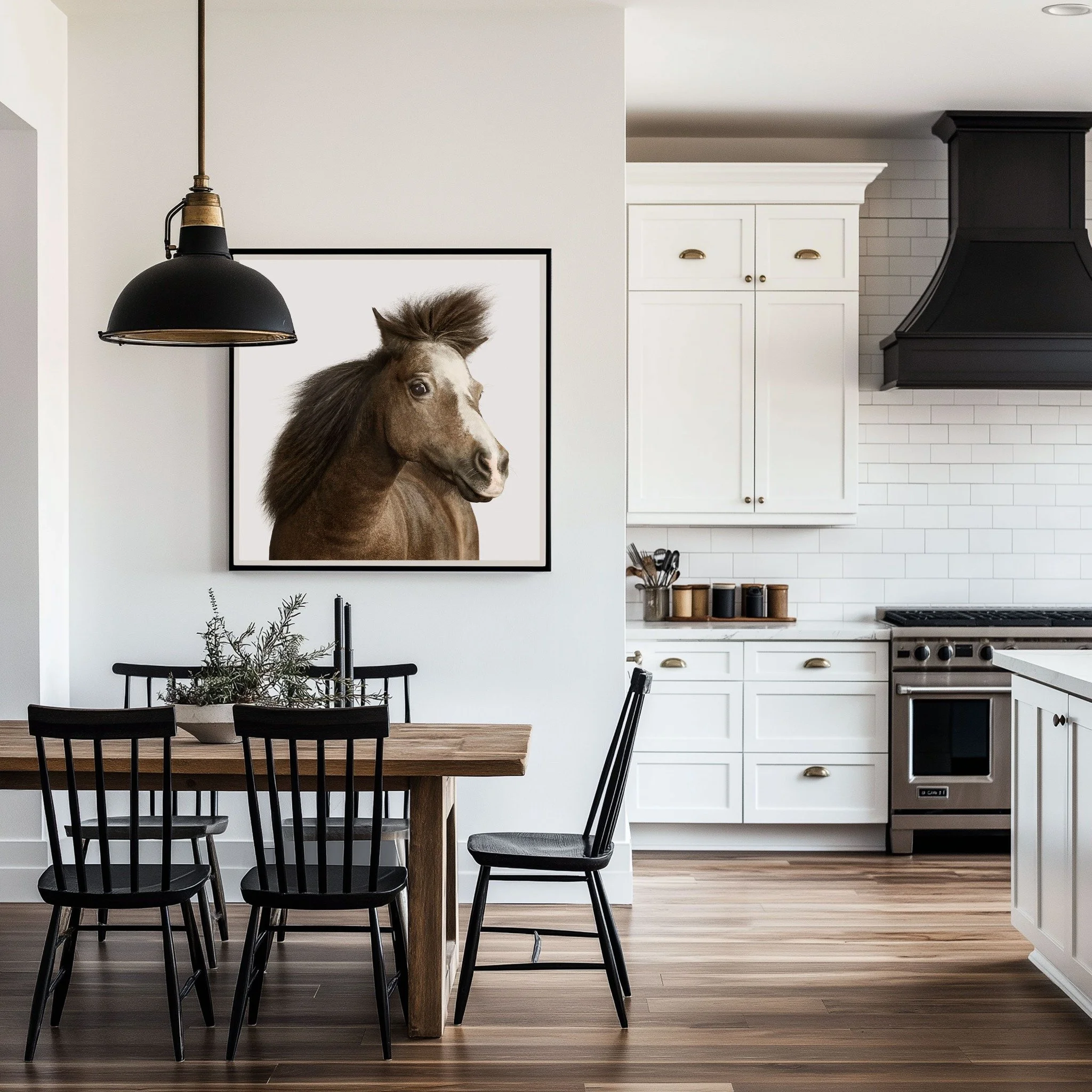 Miniature Horse No. 2 portrait by Randal Ford displayed in a bright dining room and kitchen