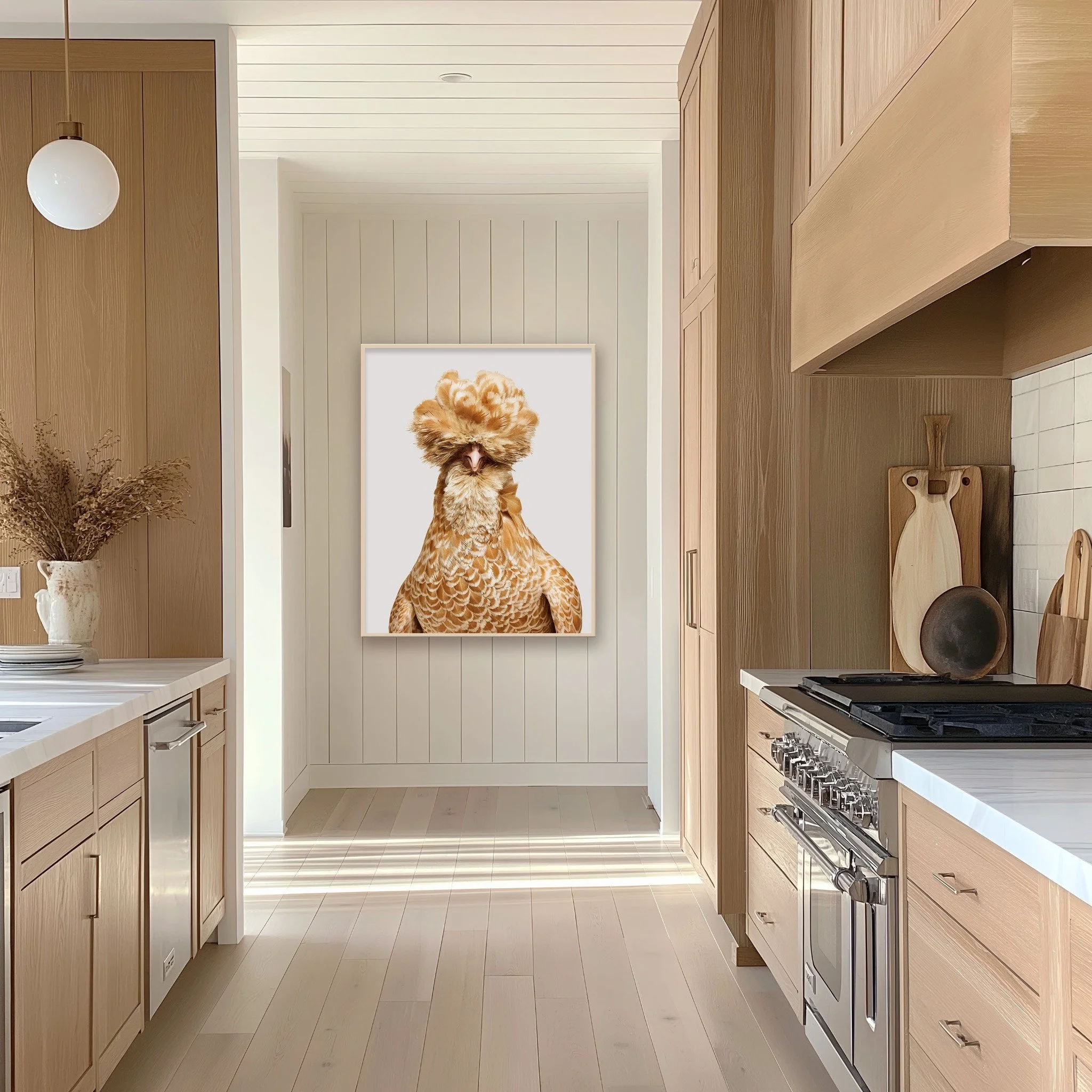 Bantom Buff Laced Polish Hen No. 1 portrait by Randal Ford displayed in a bright kitchen