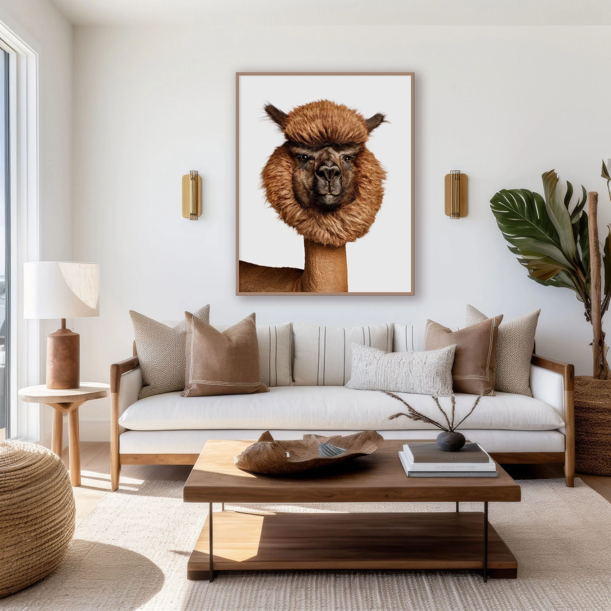 Huacaya Alpaca No. 1 portrait by Randal Ford displayed above a sofa in a coastal living room