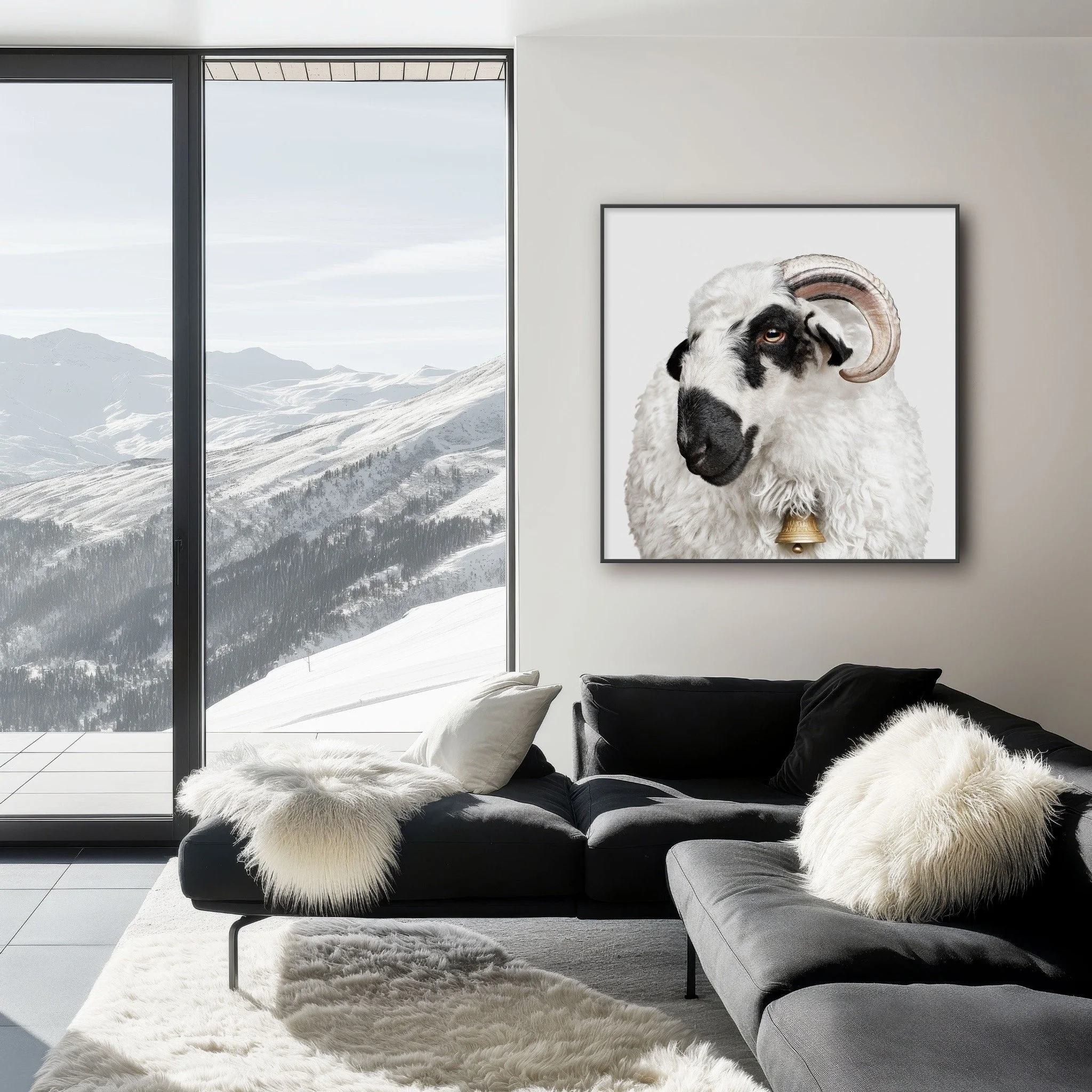 F1 Valais Blacknose Sheep portrait by Randal Ford displayed in a Swiss inspired living room