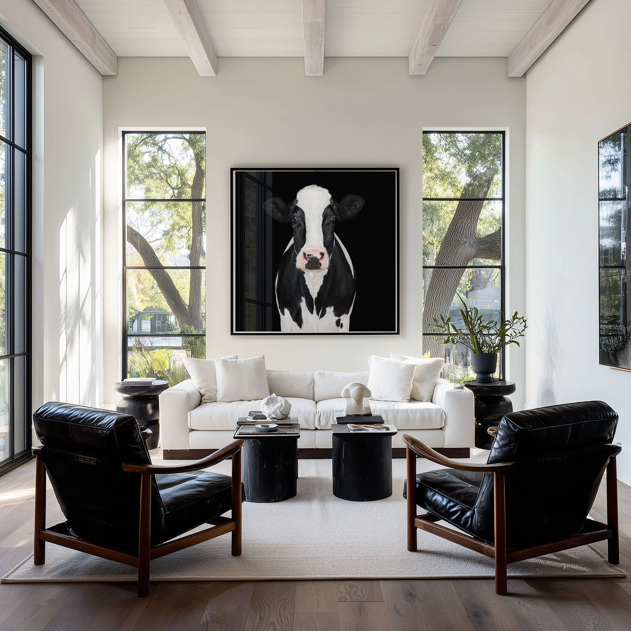 Holstein Cow No. 2 portrait by Randal Ford displayed above a sofa in a bright living room