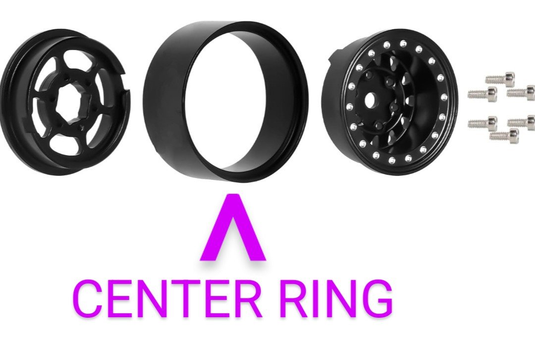 Disassembled wheel components with center ring and bolts.