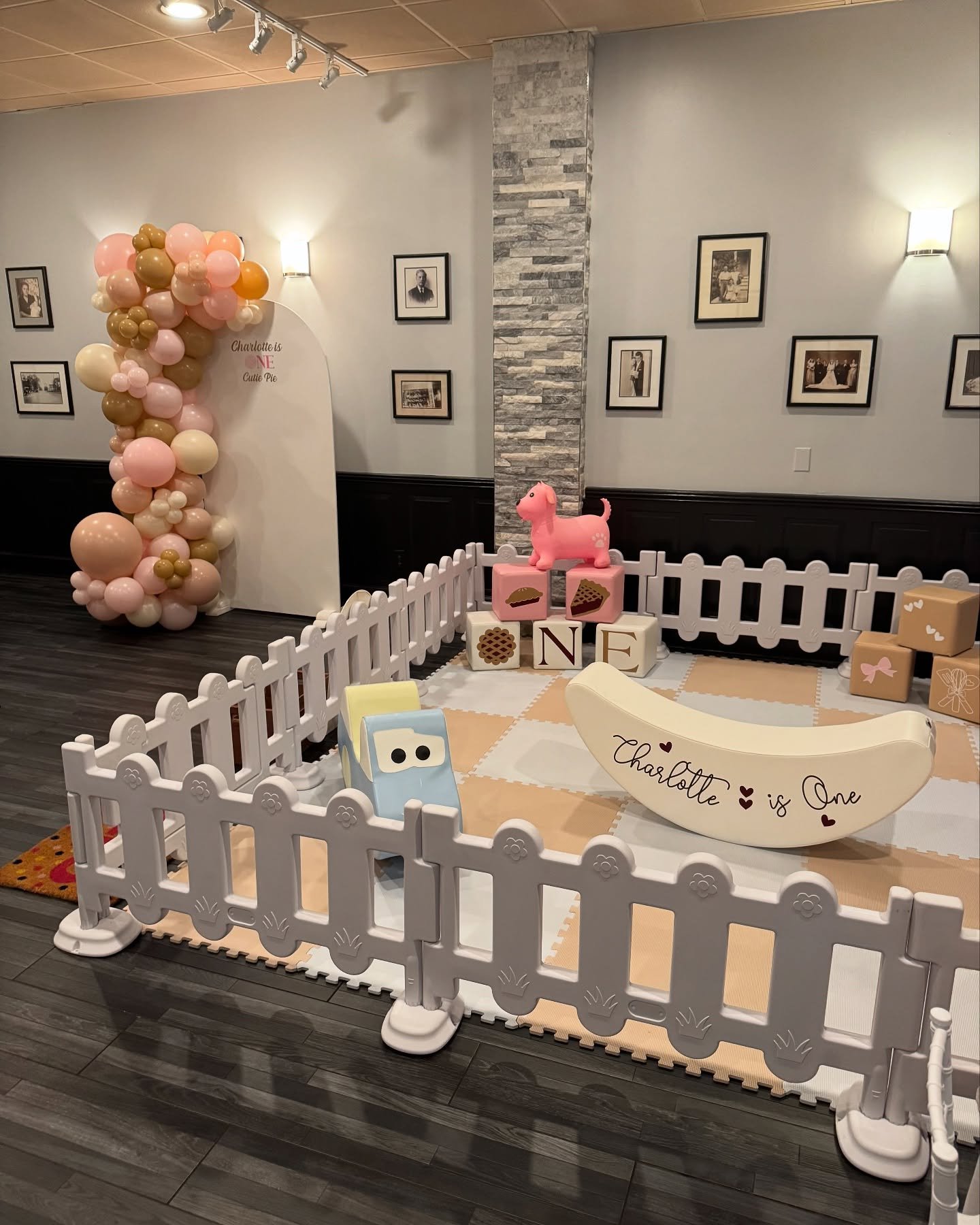 A cutie pie turned 1 🥧🥰🤍

Soft play and kids table @whimsirentals 
Balloons and decor @ciaociaoevents