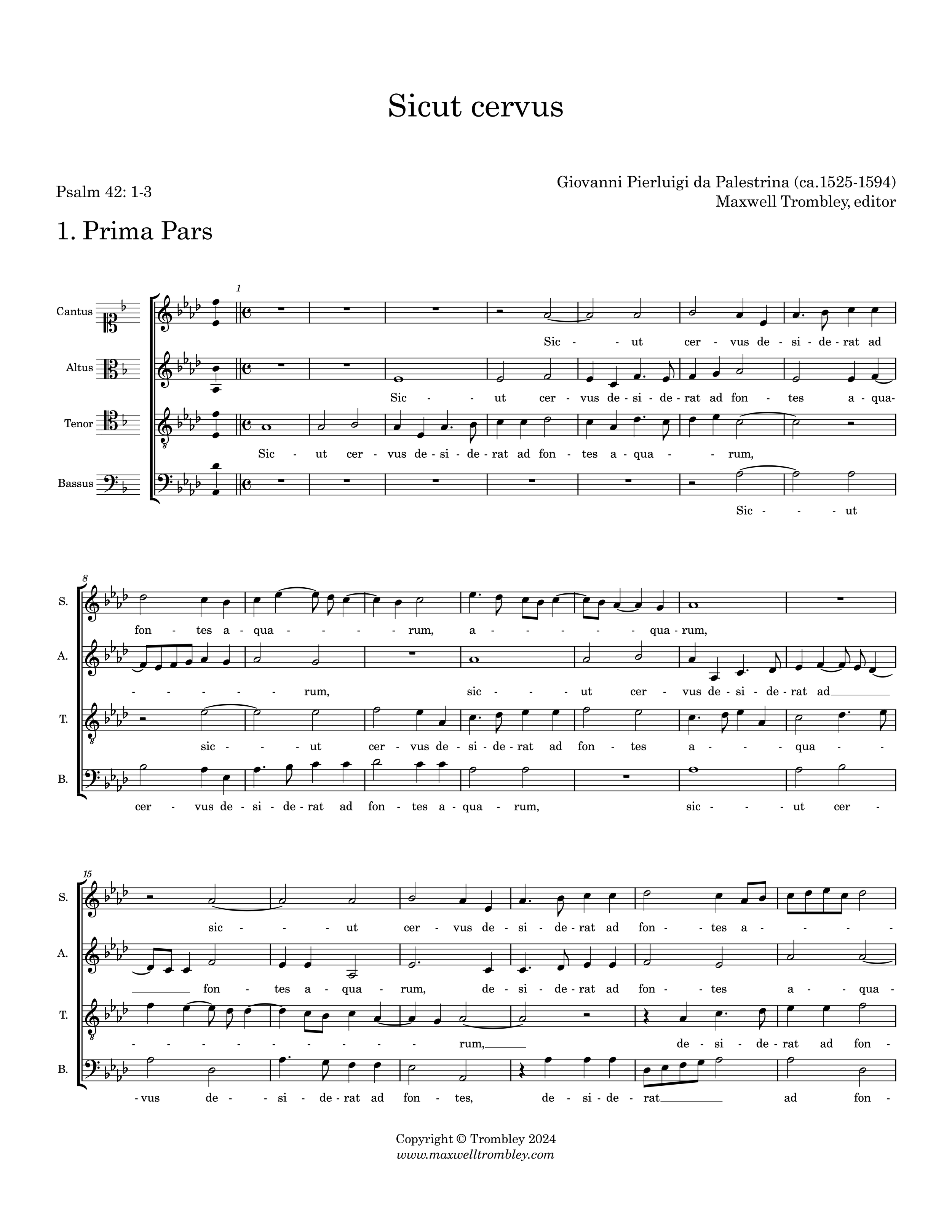 Sheet music of the choral piece titled "Sicut cervus" by Giovanni Pierluigi da Palestrina, with parts for cantus, altus, tenor, and bassus.