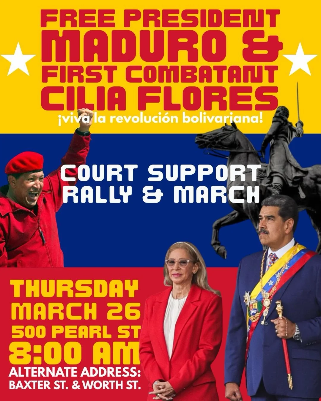 📣🇻🇪 ILPS-US joins the March 26 Global Day of Action for Venezuela to denounce the second sham court appearance of kidnapped Venezuelan President Nicolas Maduro and First Combatant Cilia Flores. We call on the people to join us in NYC to demand tha