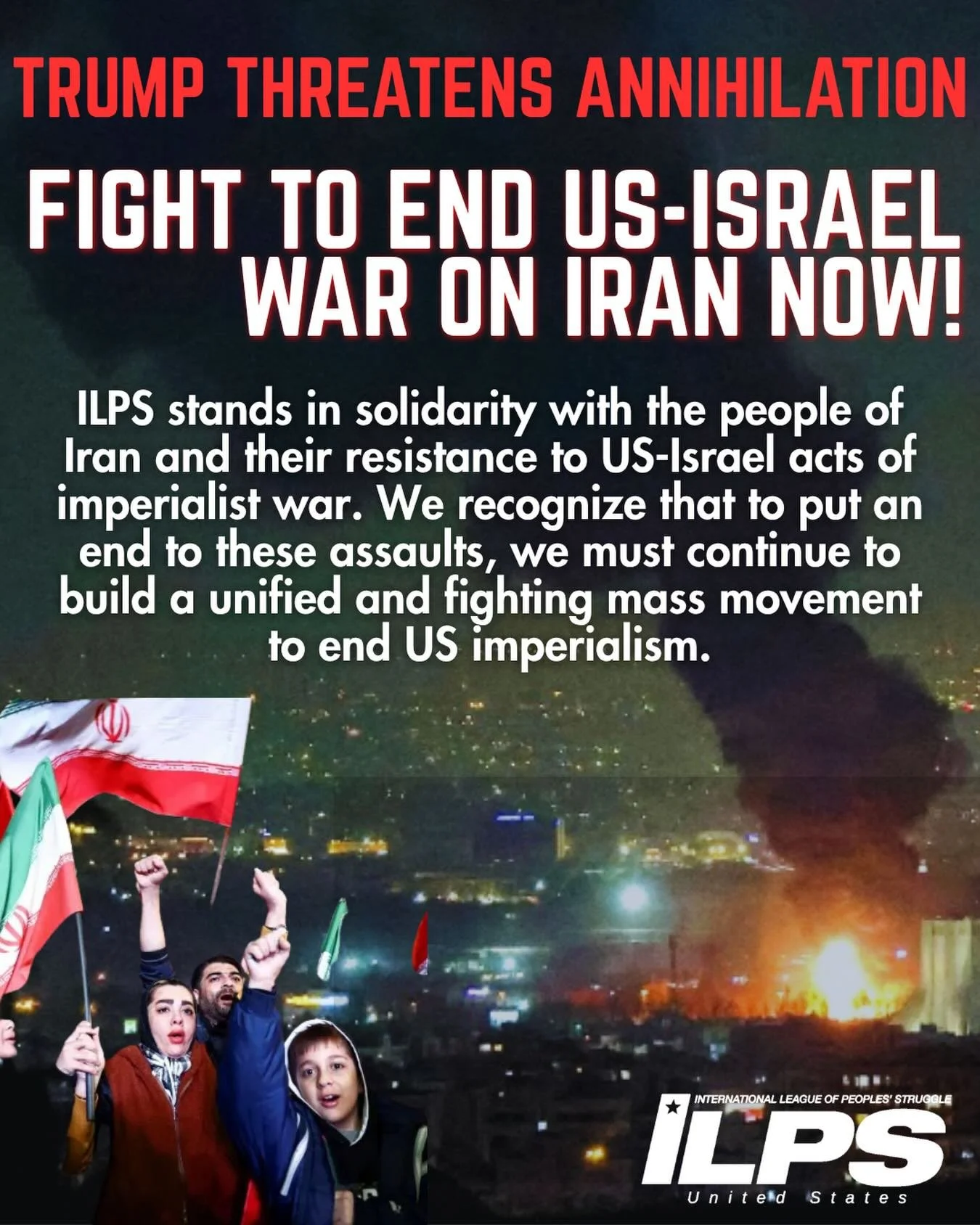 🇮🇷 Take to the streets. Build the united and fighting mass movement against imperialist war! End US-Israel War on Iran NOW!

Earlier today, Trump made a grave threat to the people of Iran: &ldquo;a whole civilization will die tonight...I don&rsquo;