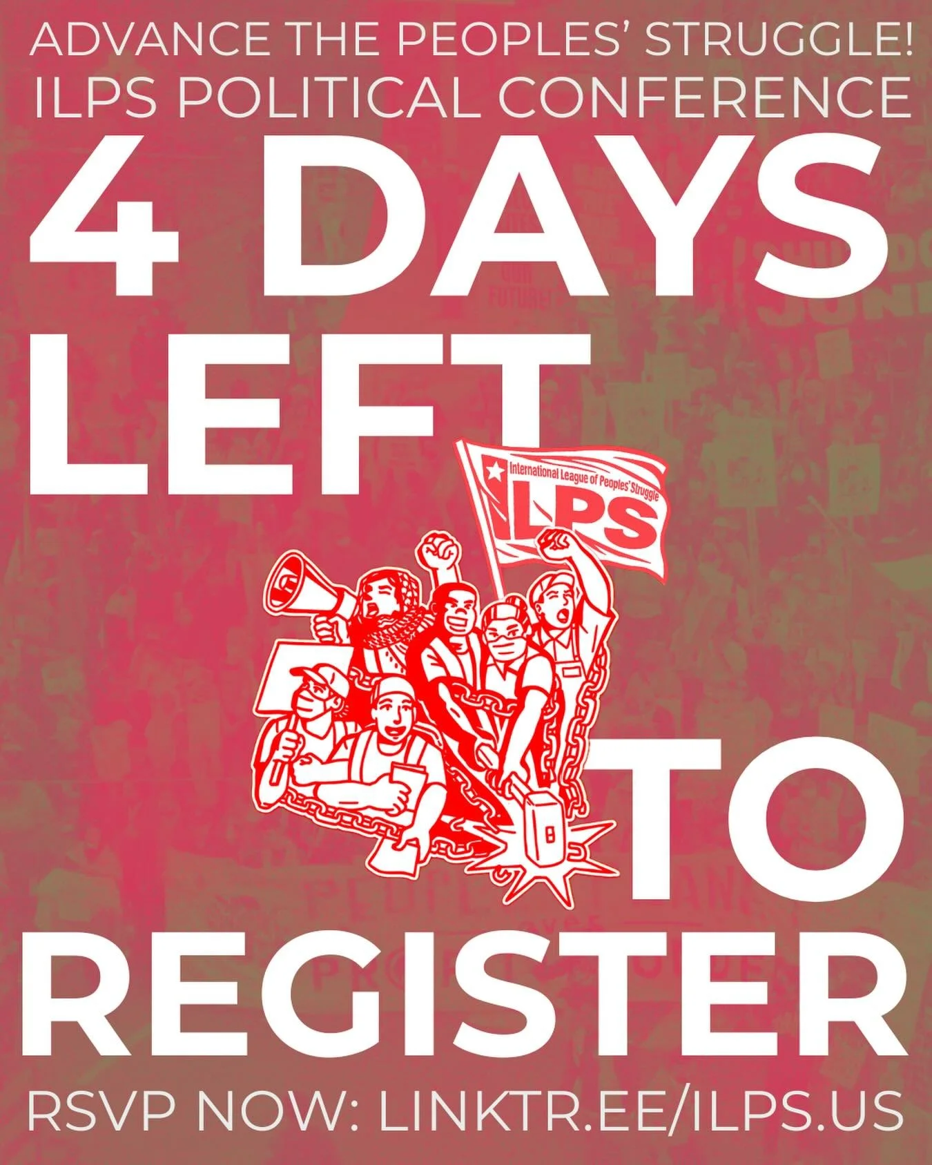 ✊ We are less than three weeks away from the ILPS Political Conference and Mass Mobilization in Northern California! Join us as we strengthen the mass movement of working and oppressed people against imperialism

⏳Registration will close on Friday th
