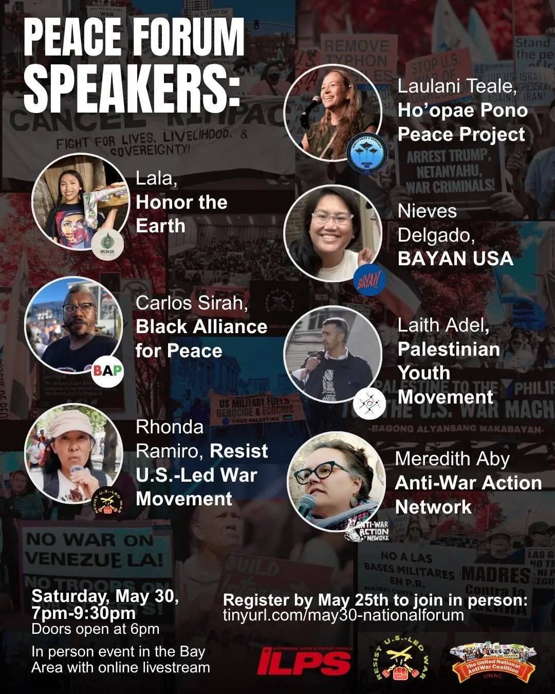 🔥 Peace Forum Speakers announced! 

Join the Resist US-Led War Movement, the United National Antiwar Coalition, and the International League of Peoples&rsquo; Struggle-US for an evening of solidarity and struggle, with sharings from leaders in the a